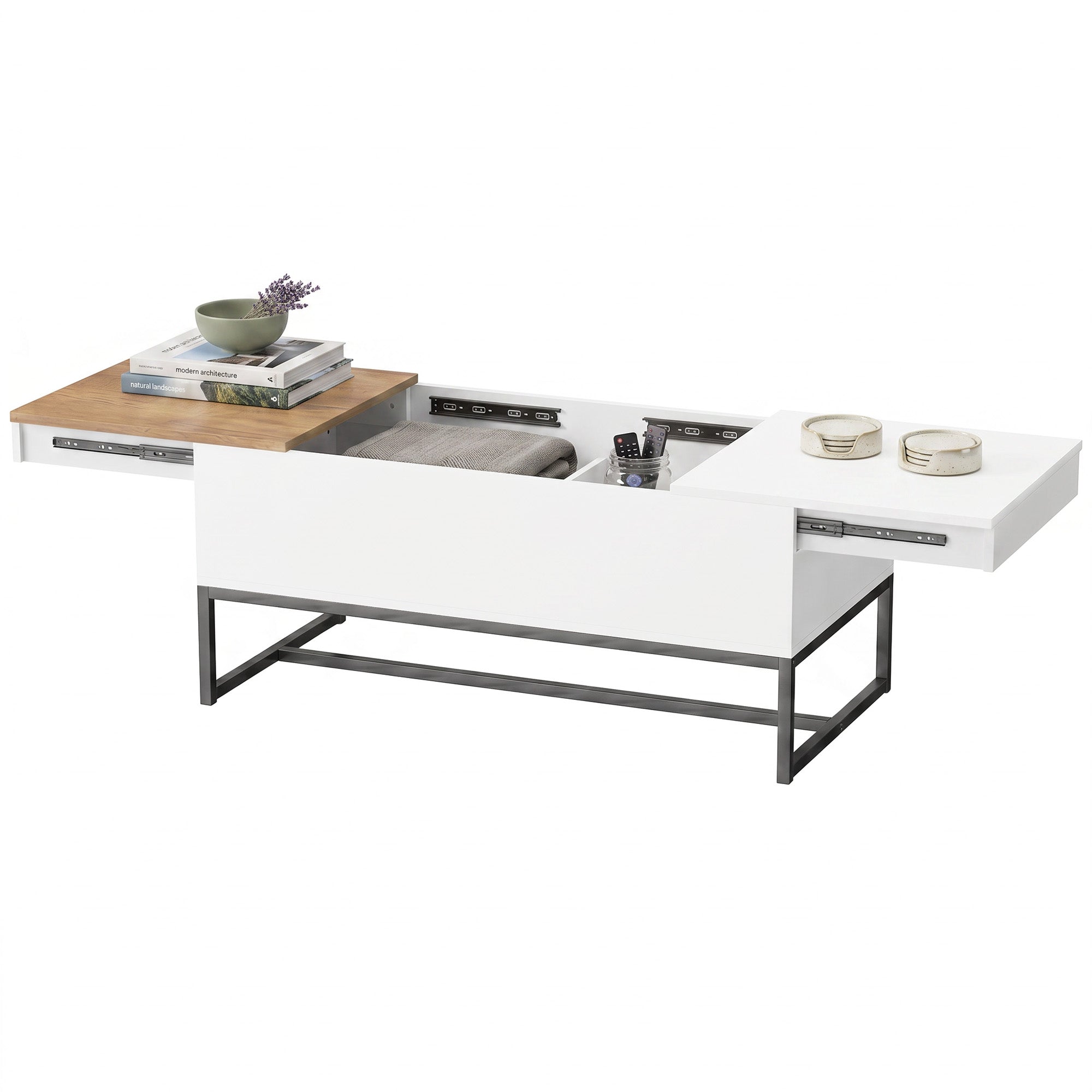 Table Basse Extensible avec Plateau Coulissant, Table de Salon avec Rangement Caché et Pieds en Acier, Style Moderne, pour Chambre, Séjour et Bureau, 100 x 50 x 45 cm, Blanc