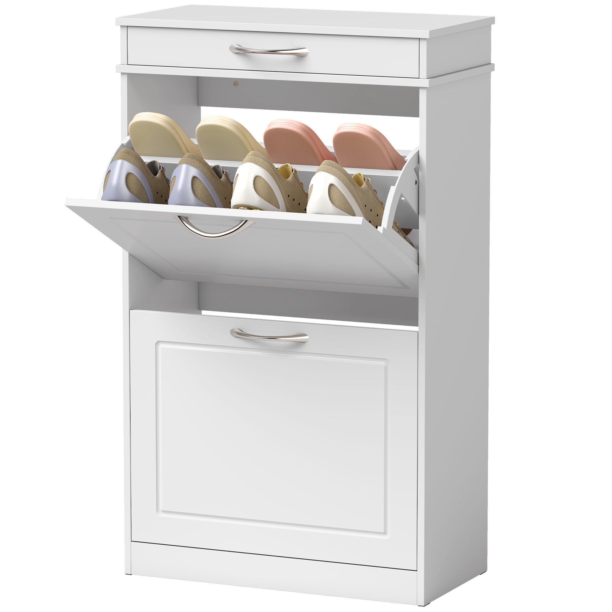 Meuble chaussure 8 paires, armoire à chaussures étroit avec tiroir et 2 portes abattants et étagère réglable, meuble d'entrée et couloir, 53 x 26,5 x 89 cm, blanc