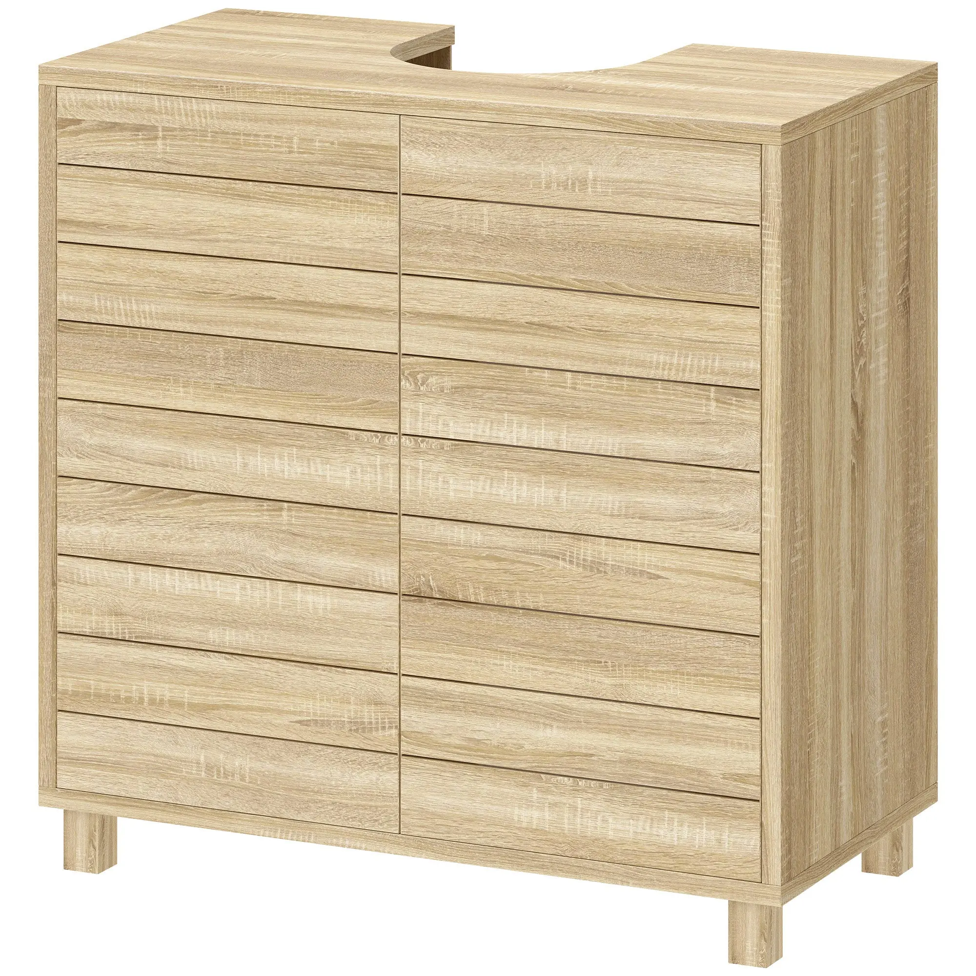 Meuble sous Lavabo, Meuble de Salle de Bain avec Découpe en Forme U, Portes à Lattes, Étagère Réglable, Ouverture par Pression, 60 x 30 x 60 cm, Naturel