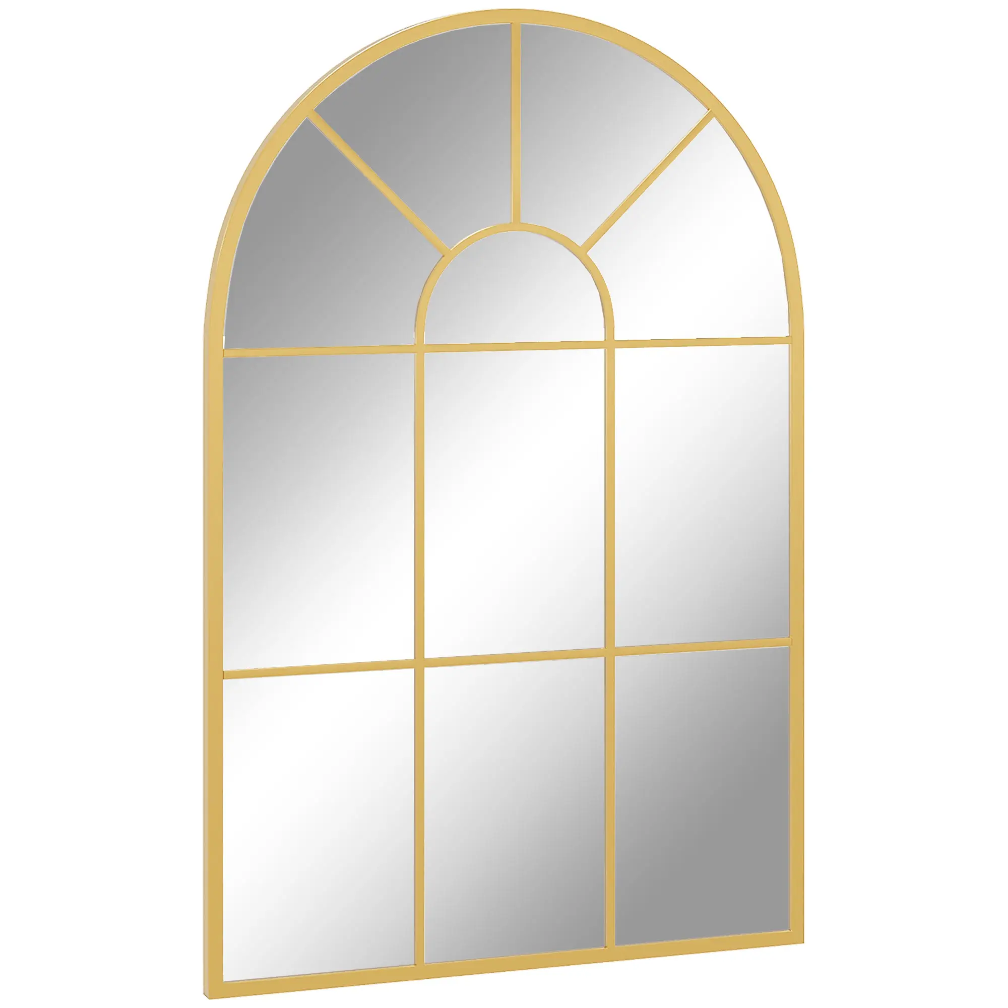 Miroir mural arqué 91 x 60 cm, miroir verrière arche style industriel, miroir de fenêtre arqué avec cadre métallique, pour salon, chambre, couloir, doré