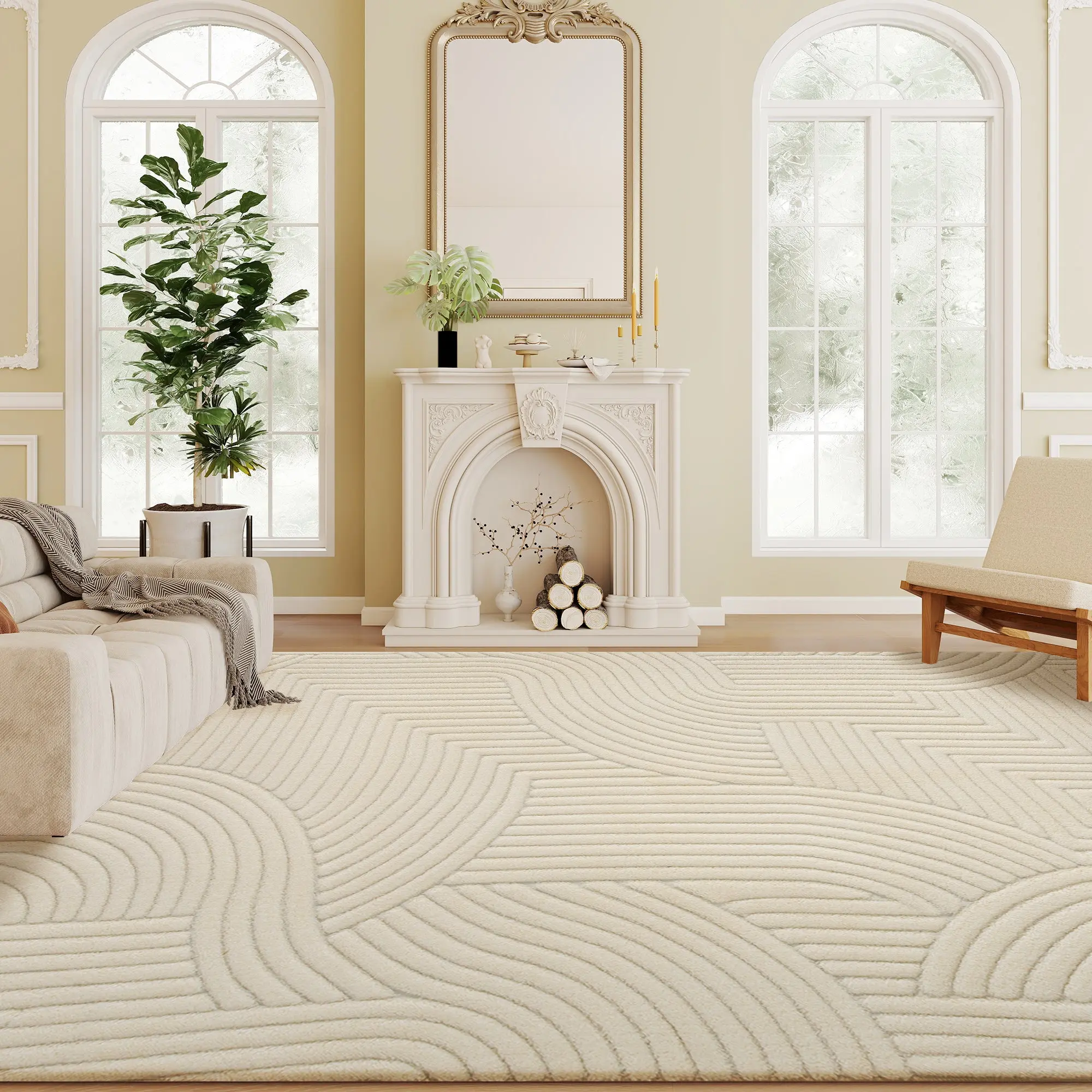 Tapis salon 160 x 120 cm, tapis à poils épais géométrique, moelleux et antidérapant, style moderne, pour salon, chambre à coucher, bureau, crème