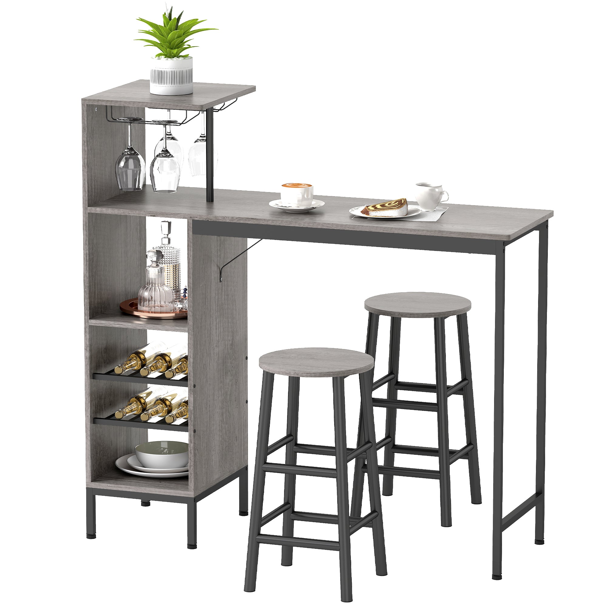 Ensemble table de bar avec tabourets, table à manger debout avec 2 chaises de bar rond avec repose-pieds, avec étagères de rangement, casiers à vin, porte-verres, effet bois naturel