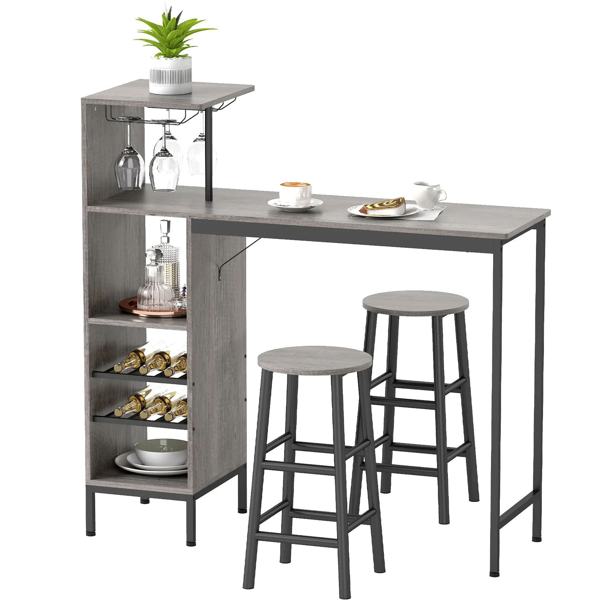 Ensemble table de bar avec tabourets, table à manger debout avec 2 chaises de bar rond avec repose-pieds, avec étagères de rangement, casiers à vin, porte-verres, effet bois naturel