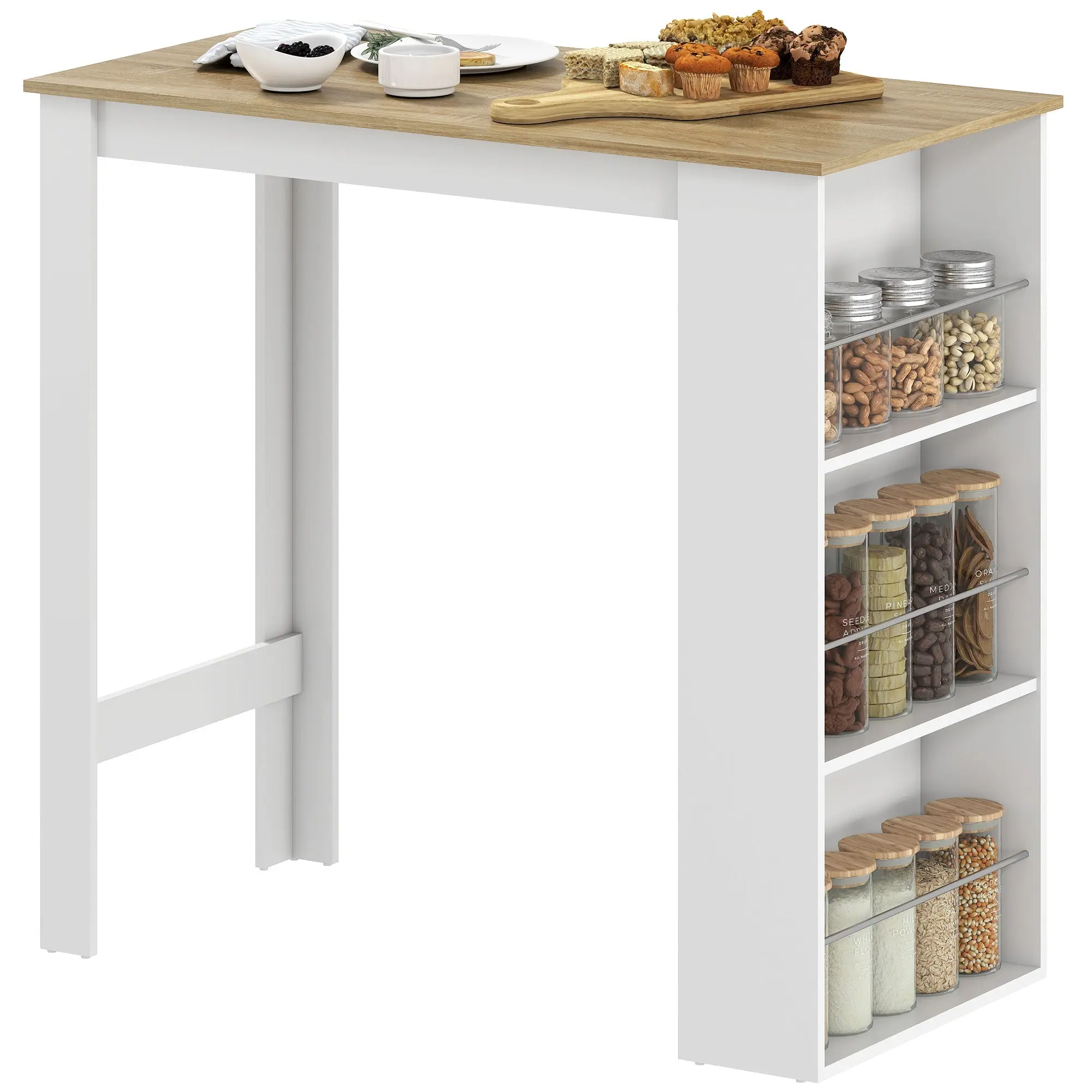 Table de bar table haute de cuisine mange-debout comptoir - dim. 112L x 57l x 106H cm - 3 étagères - aspect chêne clair blanc