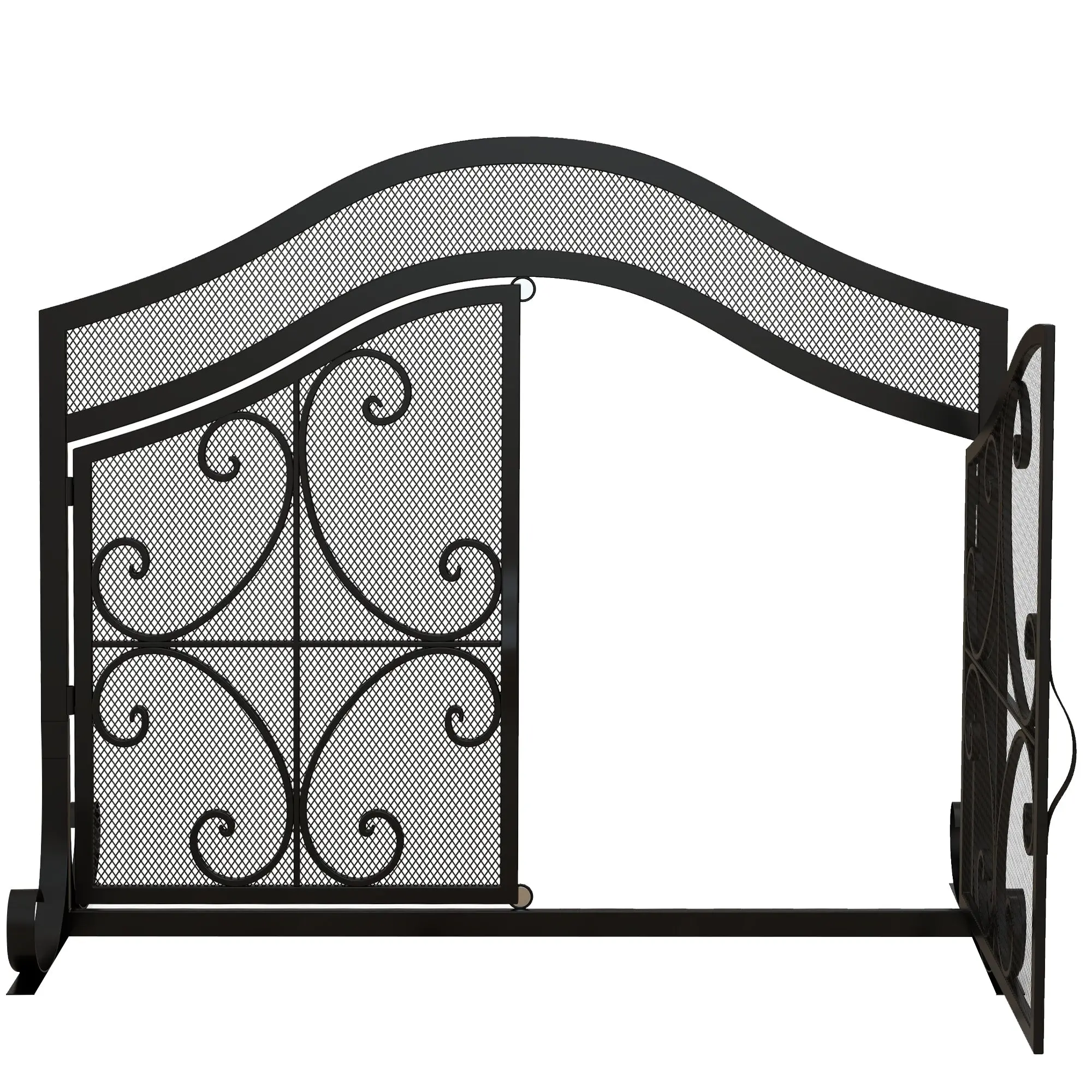 Pare-feu cheminée, grille de protection pour cheminée, panneau unique en maille d'acier, sommet arqué, serviteur cheminée avec double porte magnétiques, 105 x 40 x 80,5 cm, noir