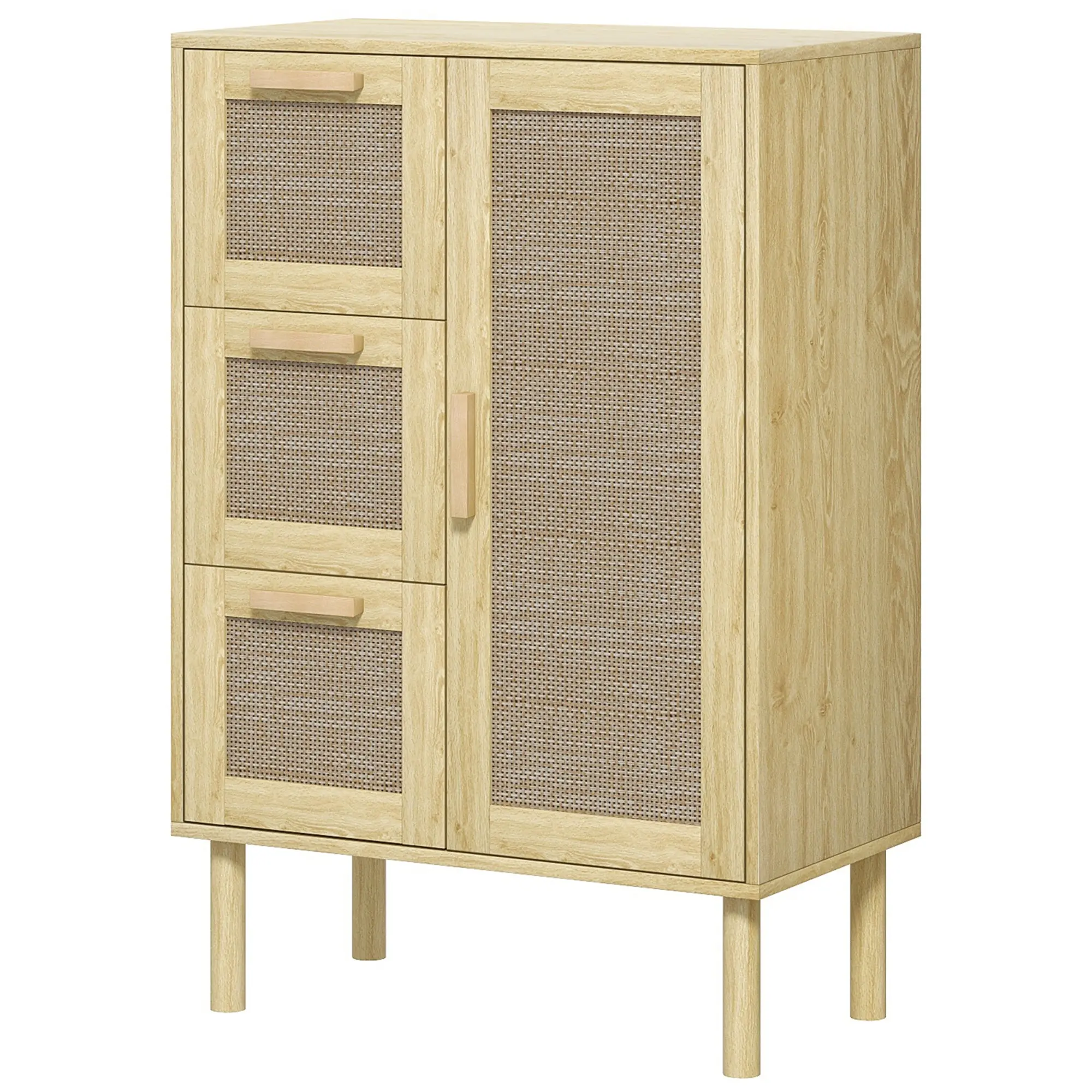 Meuble salle de bain rangement, meuble de rangement style bohème avec tiroir et placard, étagères réglables, porte à rotin, armoire pour salle de bain, salon, cuisine - 55 x 30 x 82 cm, chêne