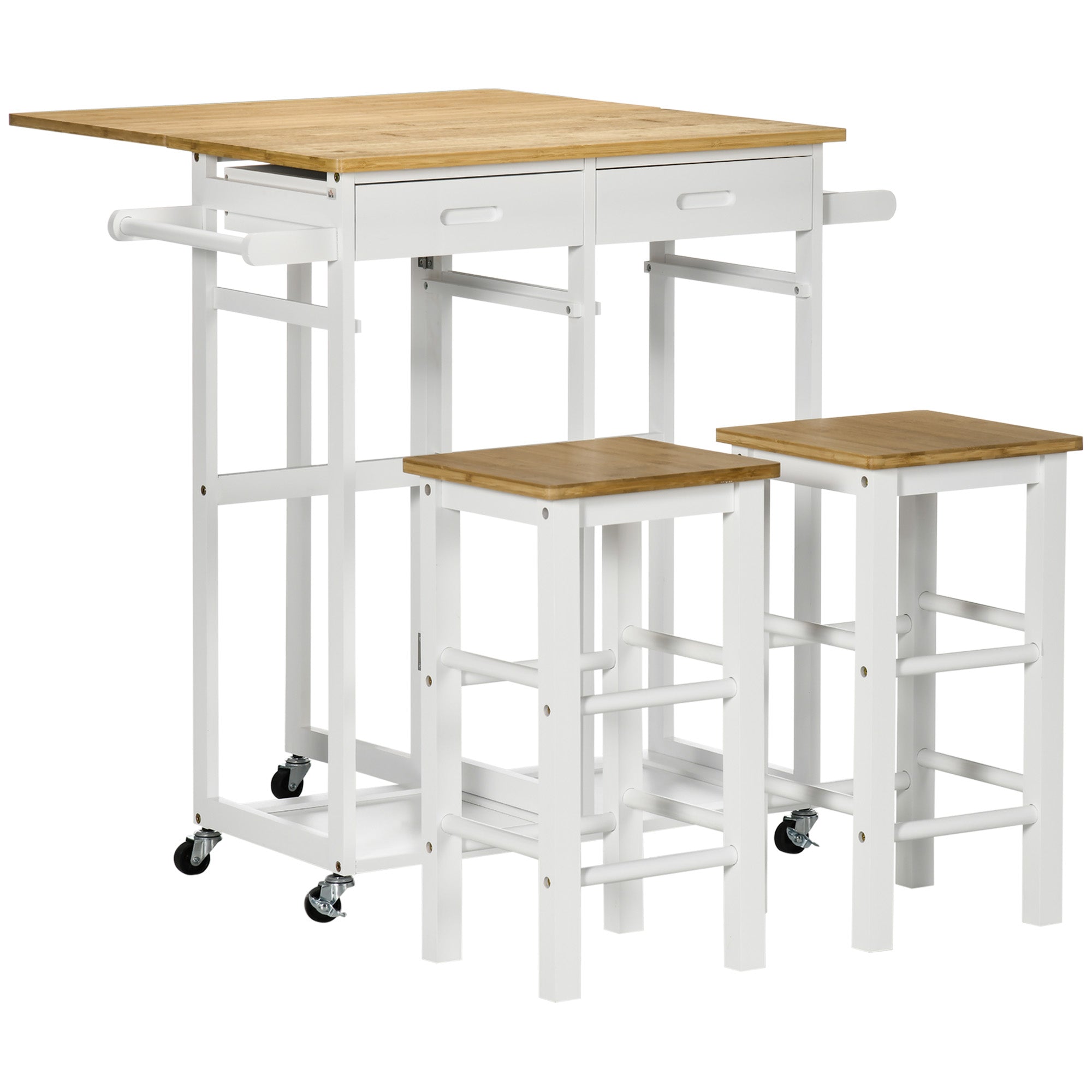 Ensemble table de bar chariot de cuisine table de cuisine pliante roulettes + 2 tabourets blanc et bois clair - 2 tiroirs et porte-torchons