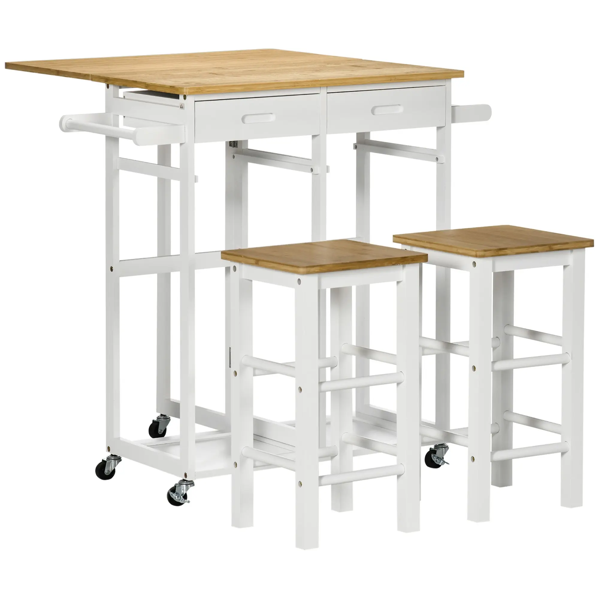 Ensemble table de bar chariot de cuisine table de cuisine pliante roulettes + 2 tabourets blanc et bois clair - 2 tiroirs et porte-torchons