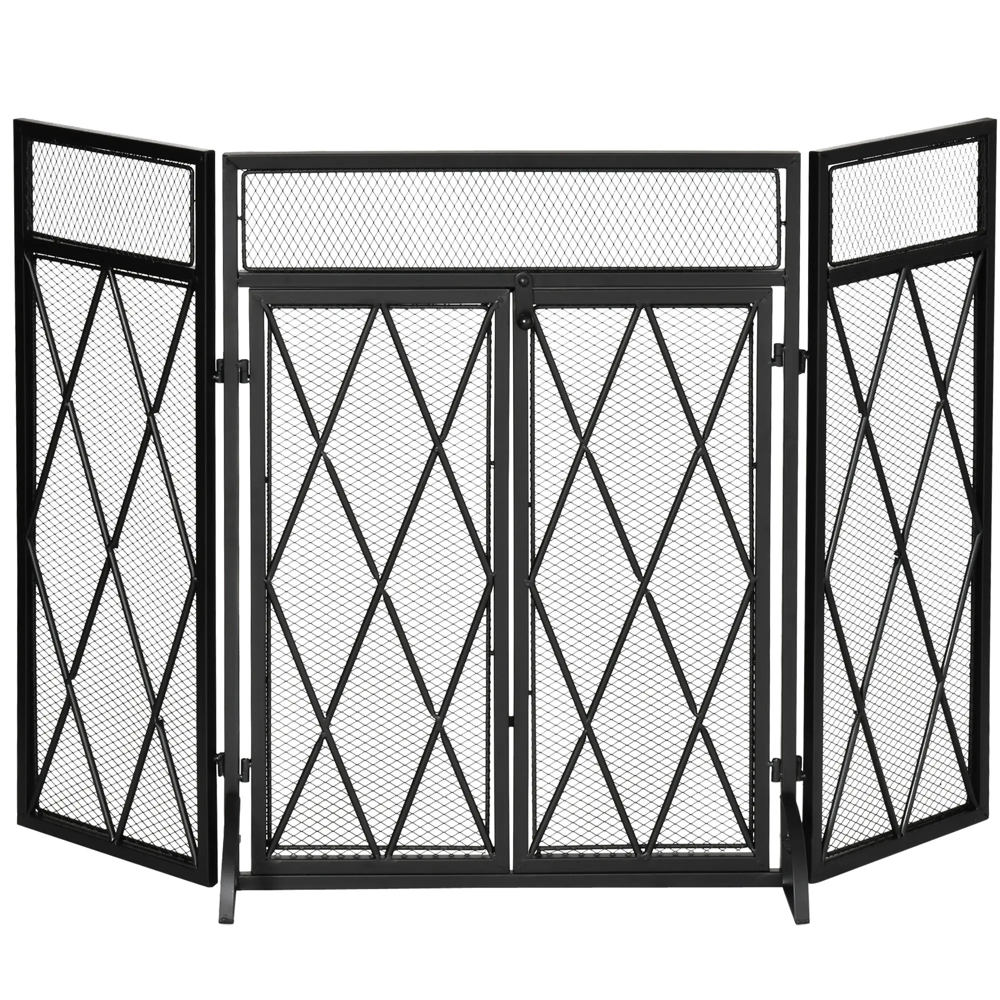 Grille de protection pour cheminée 120 x 79 cm - pare-feu pour cheminée ou poêle - pare-étincelles - barrière de sécurité - 3 volets pliables et porte - métal noir