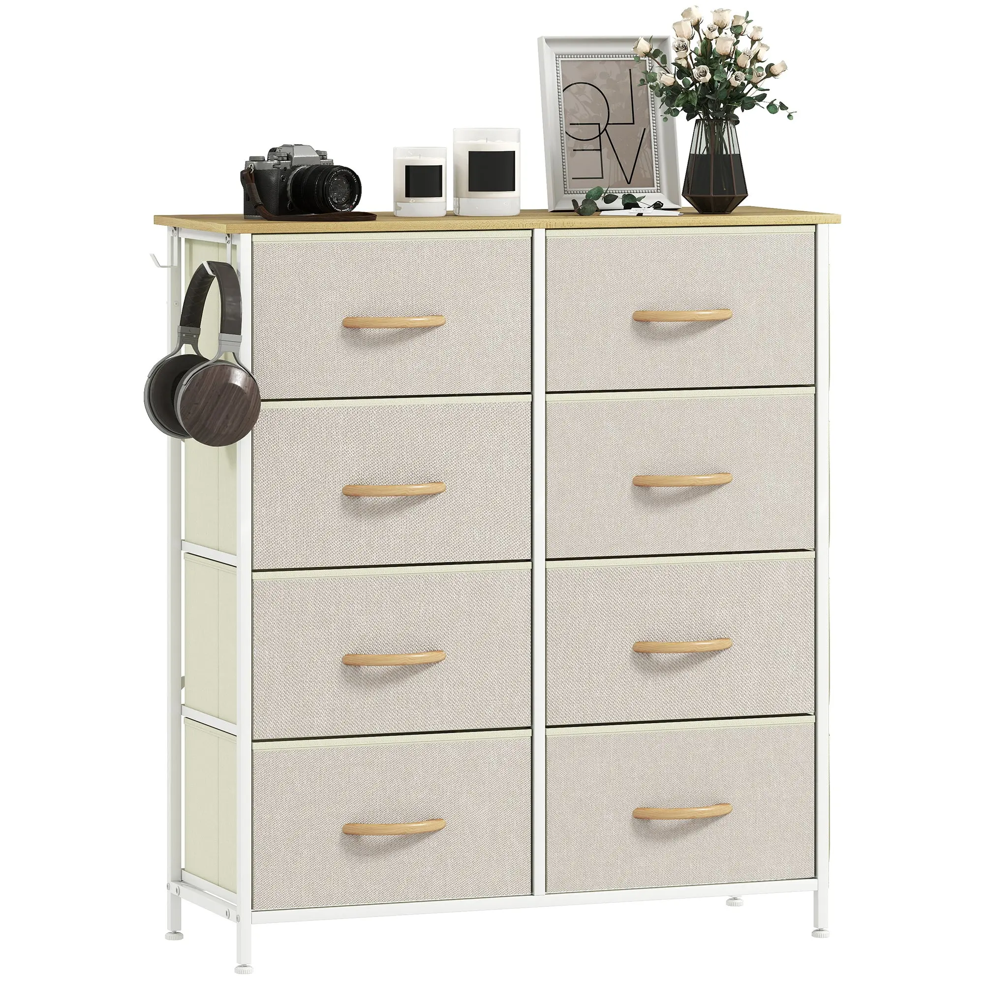 Commode 8 tiroirs en tissu, meuble de rangement avec 4 poches, 2 crochets, structure en acier, chiffonnier pour salon, chambre, entrée, beige