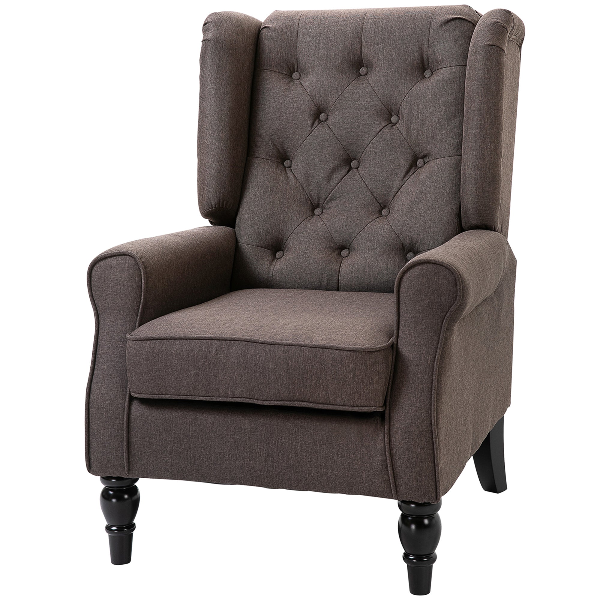 Fauteuil de salon, fauteuil capitonné avec pieds en bois, assise large, grand confort, style classique, 74 x 86 x 102 cm, marron