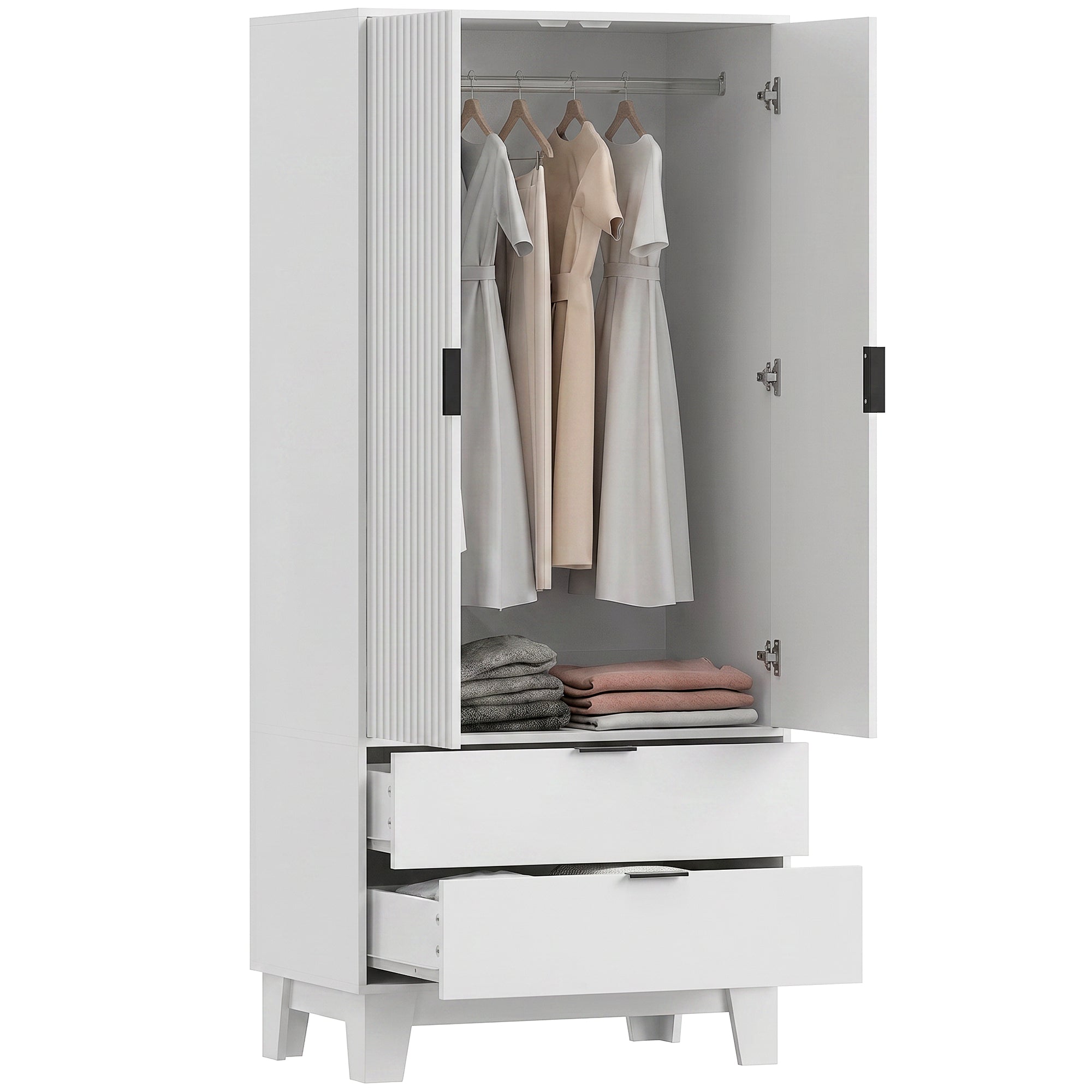 Armoire chambre penderie avec 2 portes cannelées à fermeture douce, 2 tiroirs et barre de suspension, armoire à vêtements, dressing, style moderne, 80 x 50 x 180 cm, blanc