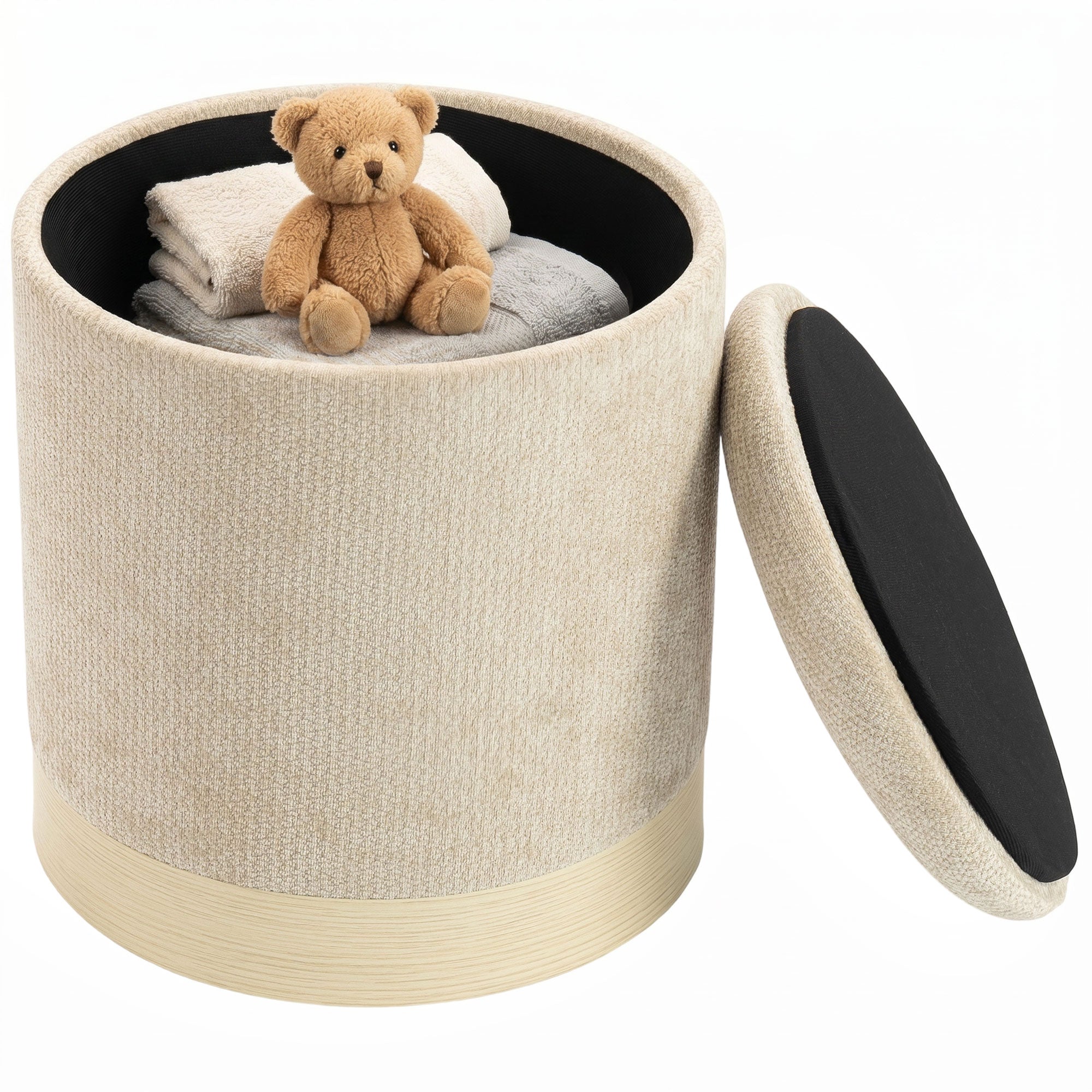 Pouf coffre rangement, tabouret rond en chenille, pouf repose-pieds avec base en métal effet bois, pour la chambre à coucher, entrée, salon, charge 120 Kg, Ø 38 x 45 cm, beige