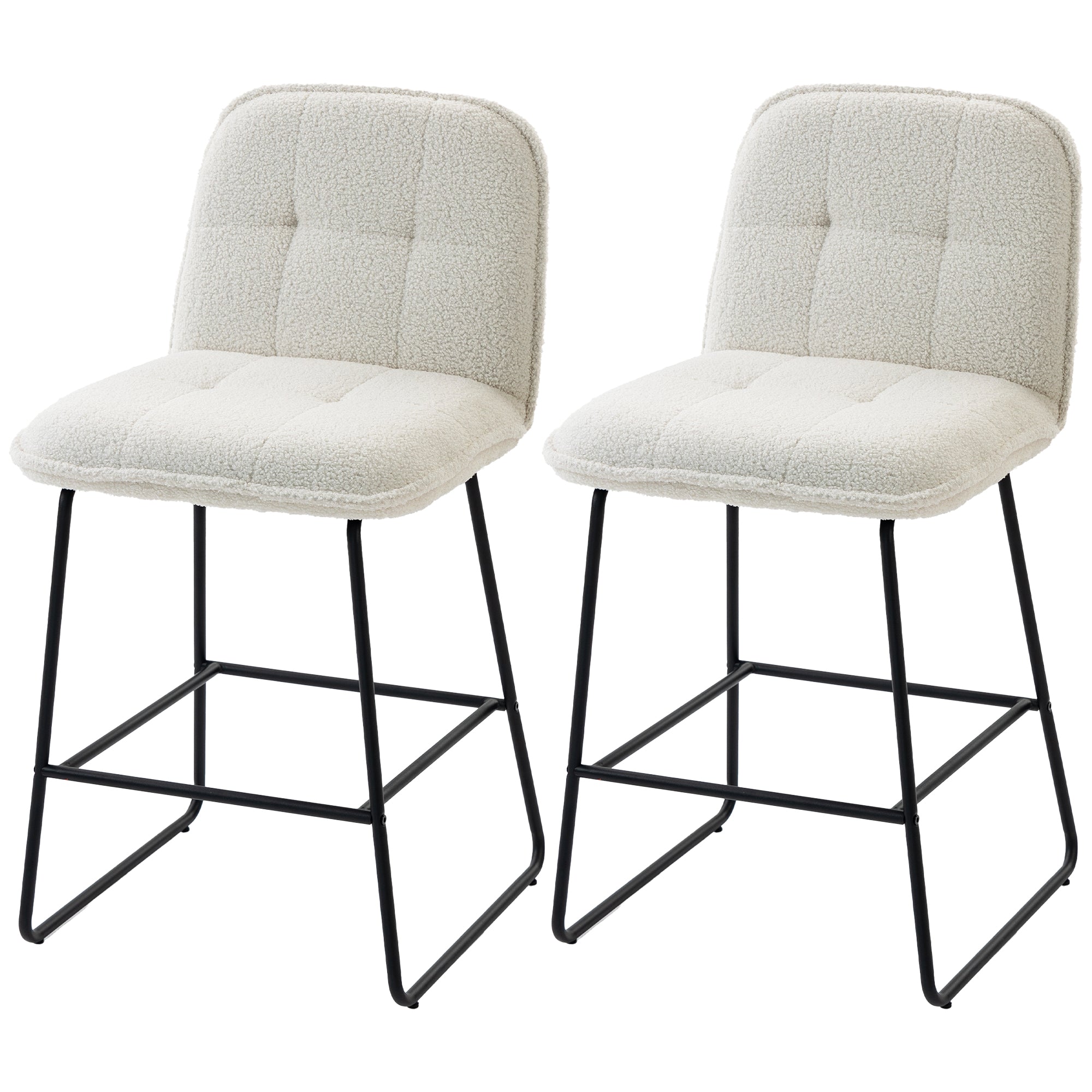 Lot de 2 Tabourets de Bar, Chaises de Bar Rembourrées en Tissu Bouclette, Extra-Large Assise 66H cm, Dossier, Repose-Pieds, Cadre en Métal, Chaises Hautes Cuisine Salle à Manger Comptoir, Crème