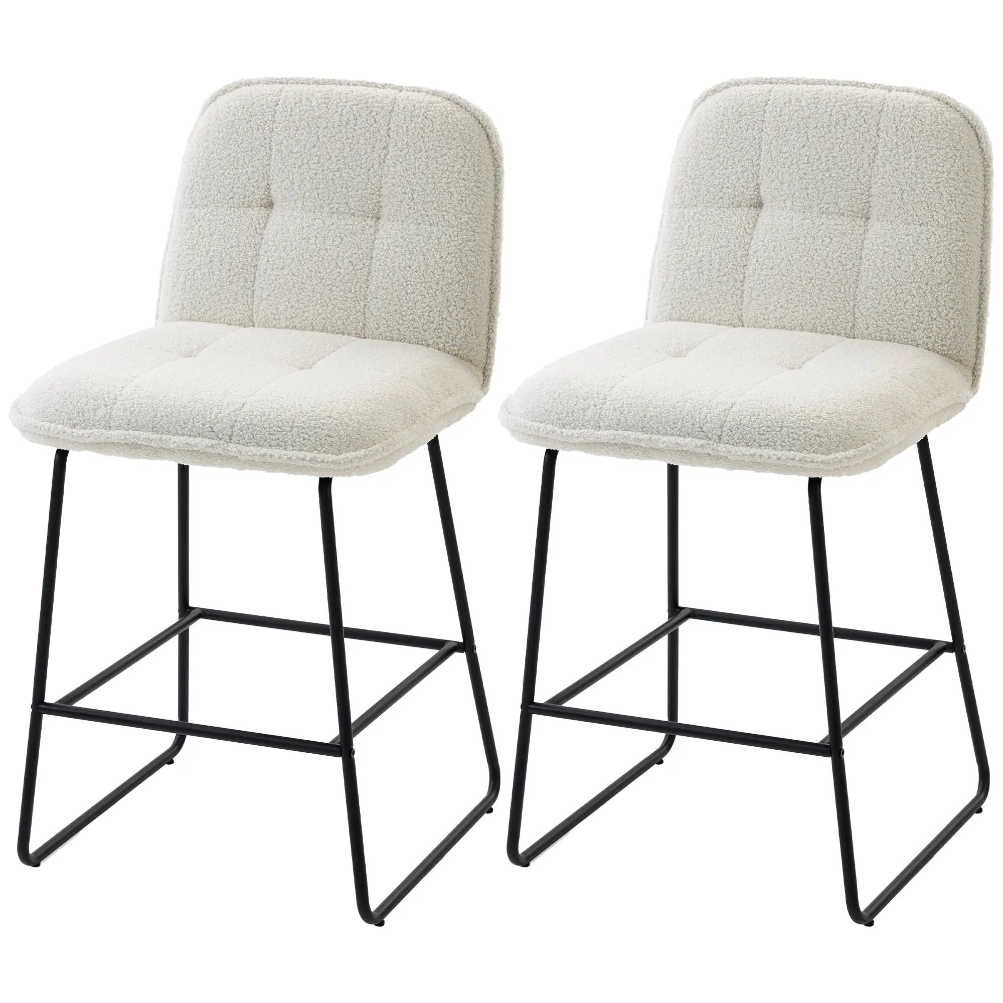 Lot de 2 Tabourets de Bar, Chaises de Bar Rembourrées en Tissu Bouclette, Extra-Large Assise 66H cm, Dossier, Repose-Pieds, Cadre en Métal, Chaises Hautes Cuisine Salle à Manger Comptoir, Crème