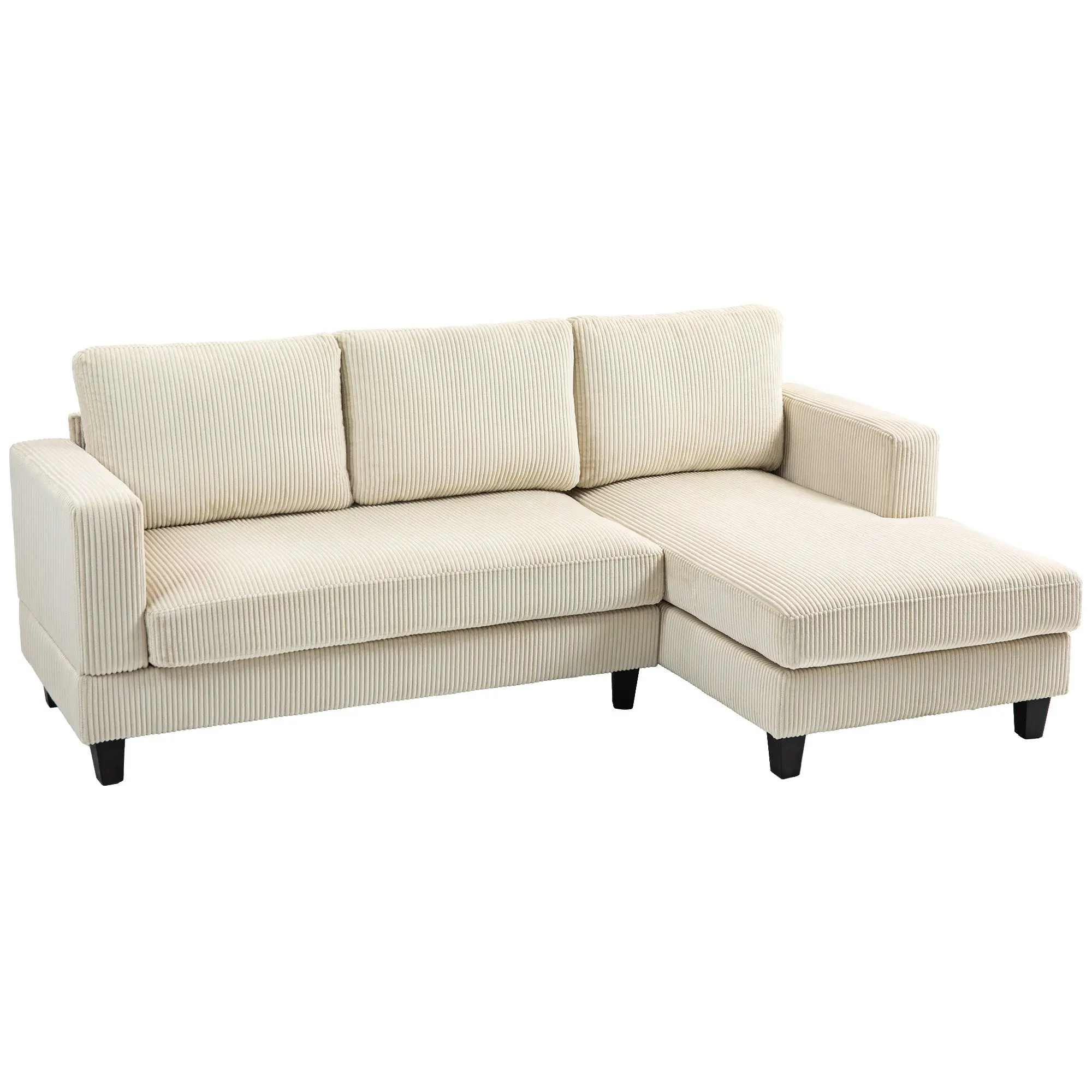 Canapé d'angle en velours côtelé canapé 3 places avec méridienne et coussin à ressorts épais, largeur 214 cm, design moderne, charge jusqu'à 400 Kg, pour salon, appartement, beige