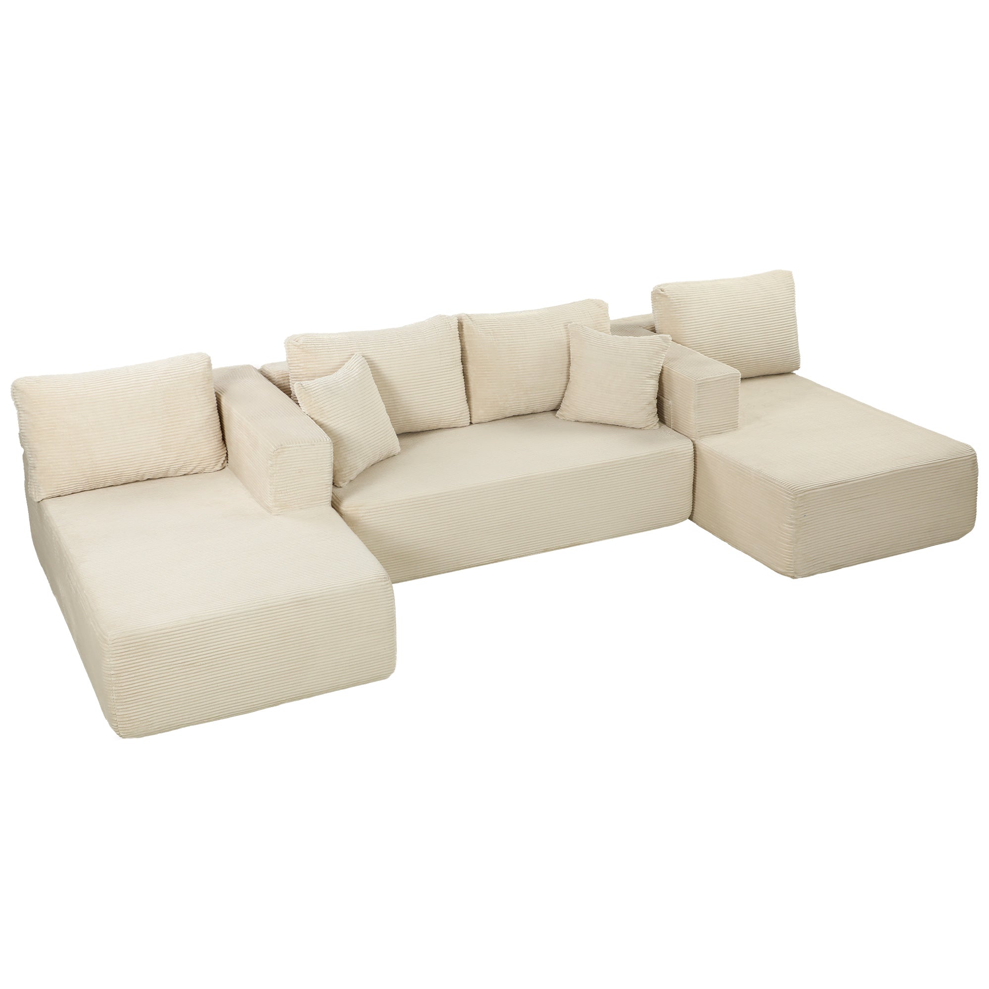 Canapé Modulaire en U Compressé 337 cm, Canapé 4 places Convertible en Velours Côtelé, 2 Méridiennes, 6 Coussins, Assise Large et Poches Latérales, pour Salon, Aucun Assemblage Requis, Crème