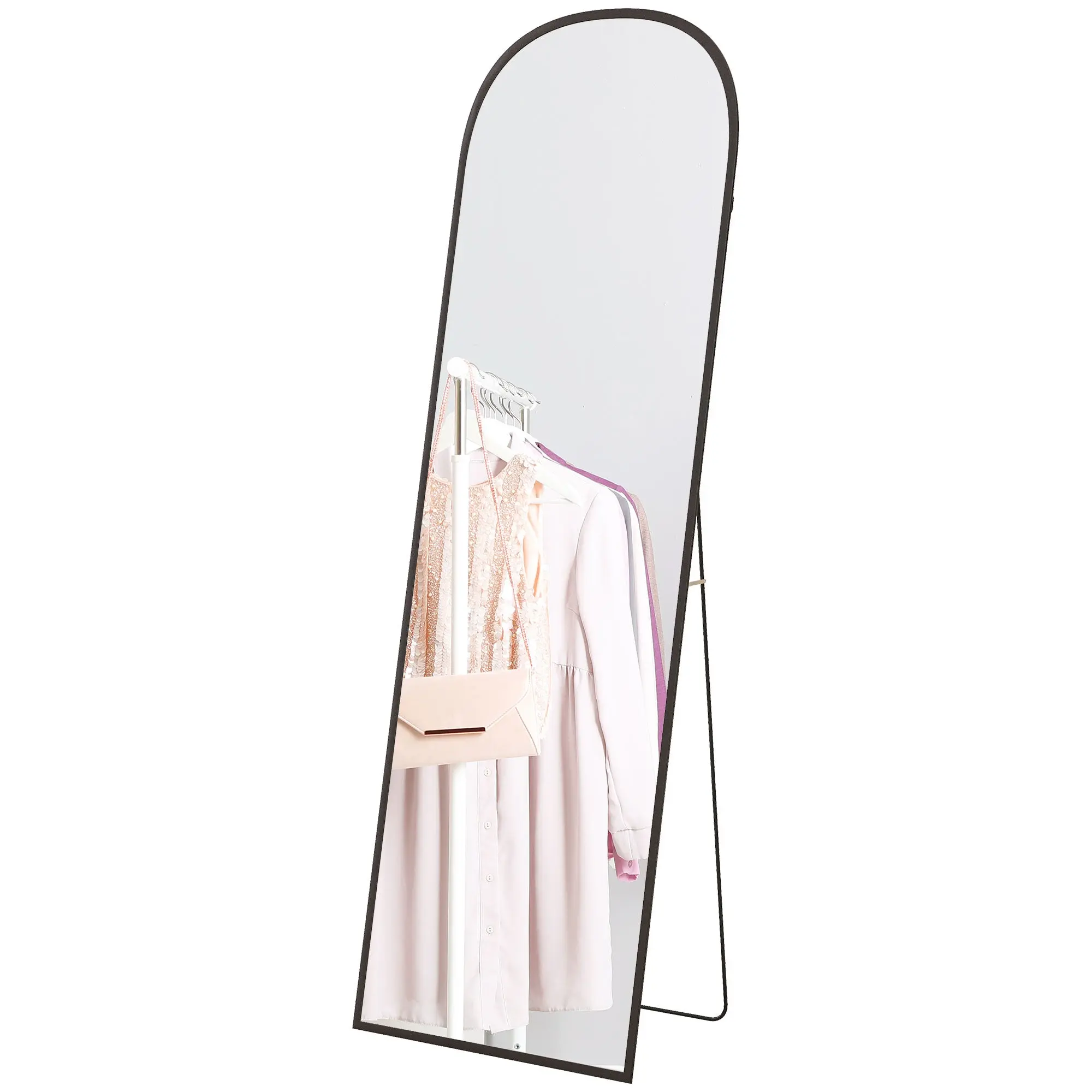 Miroir sur pied, miroir mural rectangulaire, arrondi, cadre en aluminium, support pour entrée, chambre, dressing, 50 x 161,5 cm, noir
