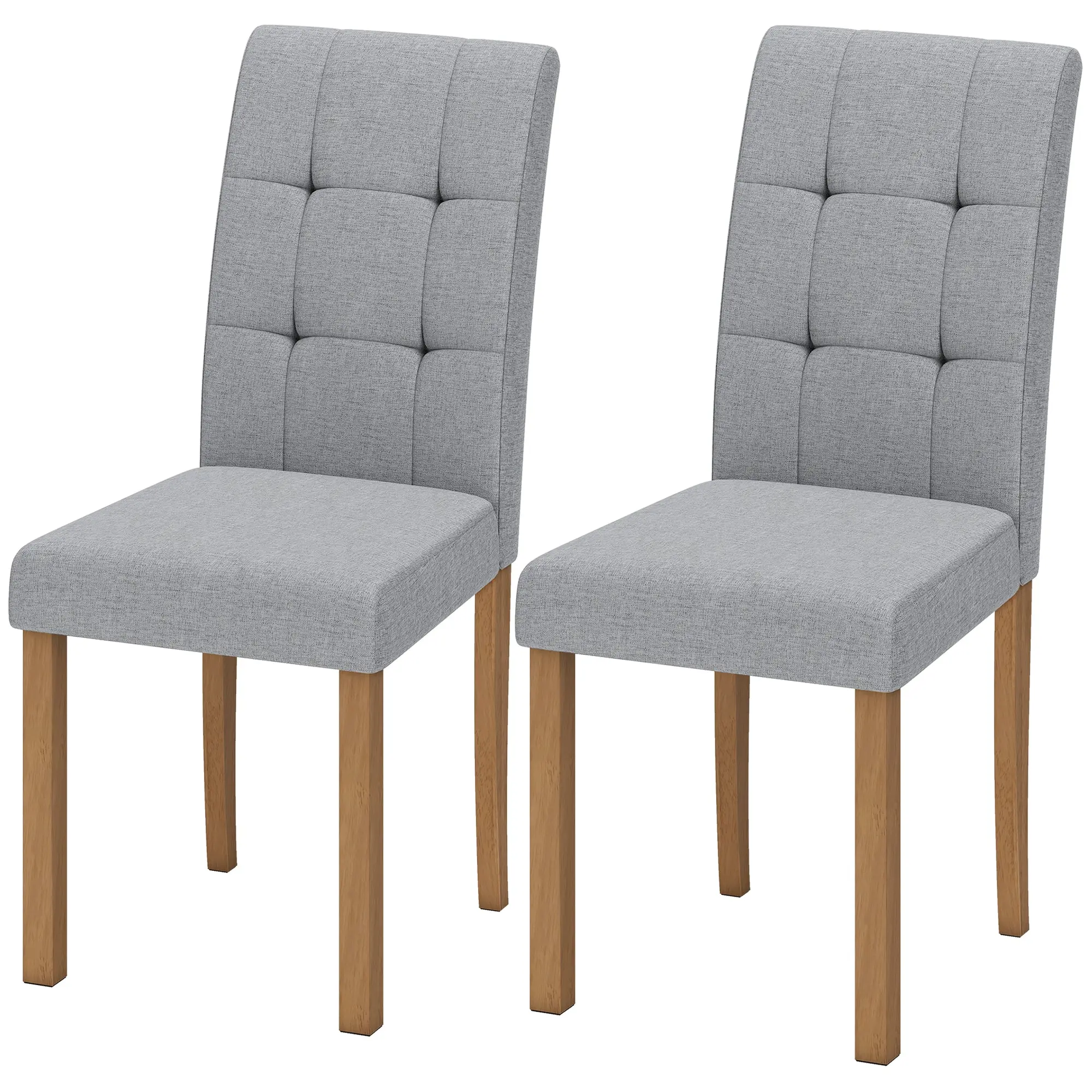 Lot de 2 chaises de salle à manger, chaise de cuisine moderne avec siège rembourré en tissu effet lin et pieds en bois d'hévéa, pour salon, salle à manger, gris clair et naturel