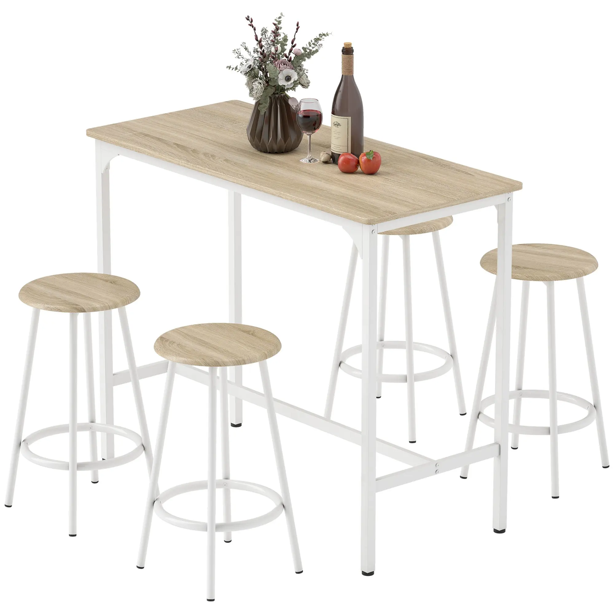 Ensemble table de bar bistrot avec 4 tabourets de bar, ensemble table haute cuisine et tabourets, avec repose-pieds, style moderne, structutre en métal, pour cuisine, salle à manger, naturel