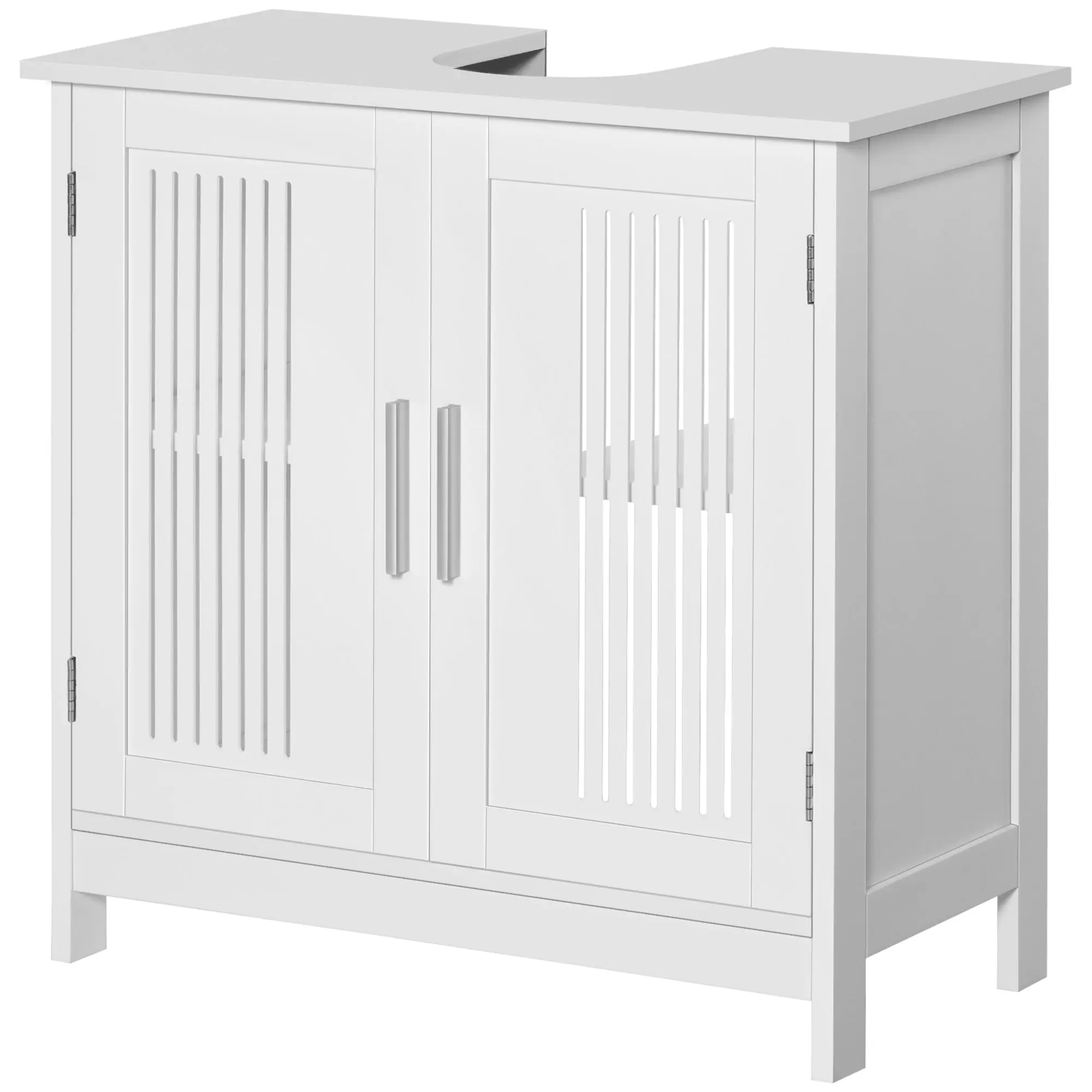Meuble sous lavabo salle de bain - meuble sous-vasque - 2 portes rainurées avec étagère réglable - poignées alliage aluminium - dim. 60L x 30l x 60H cm - MDF blanc