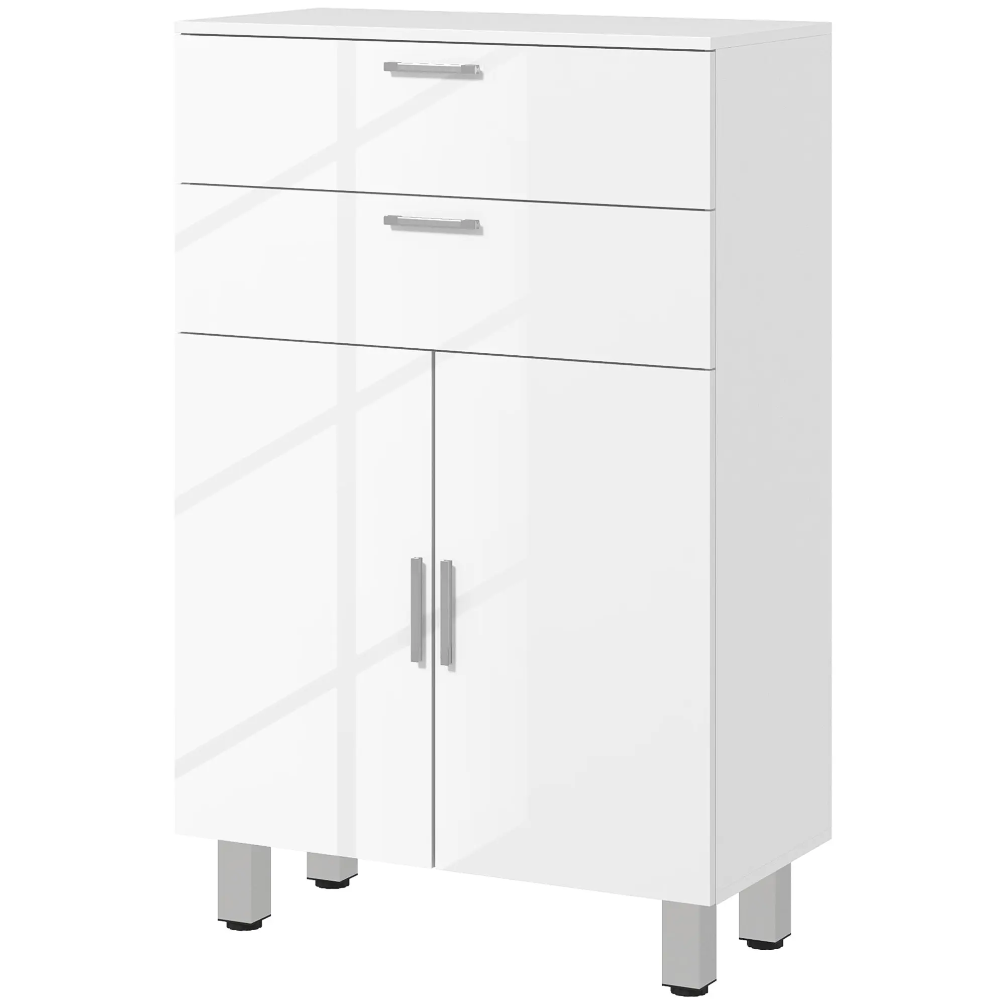 Meuble de salle de bain, meuble de rangement avec 2 tiroirs, placard à double porte, étagères réglables et base surélevée, armoire salle de bain, salon, chambre, 60x30x93cm, blanc brillant