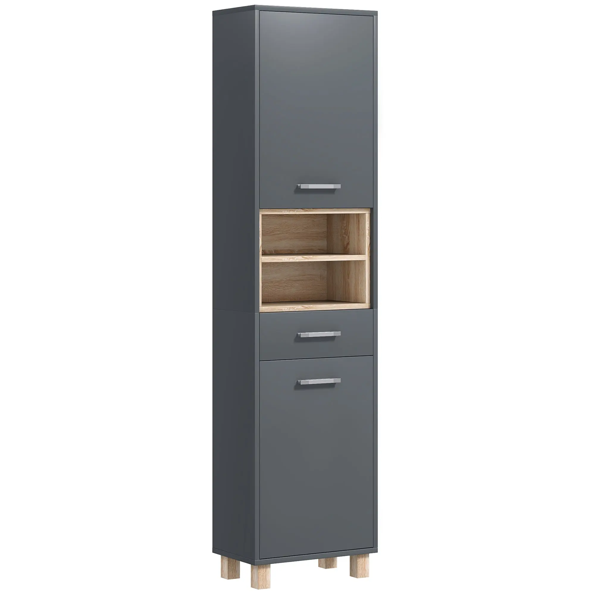 Colonne salle de bain, meuble salle de bain rangement, meuble de rangement avec 2 placards, tiroir et 2 compartiments ouverts, armoire haute pour salon, cuisine - 40 x 24 x 160 cm, gris