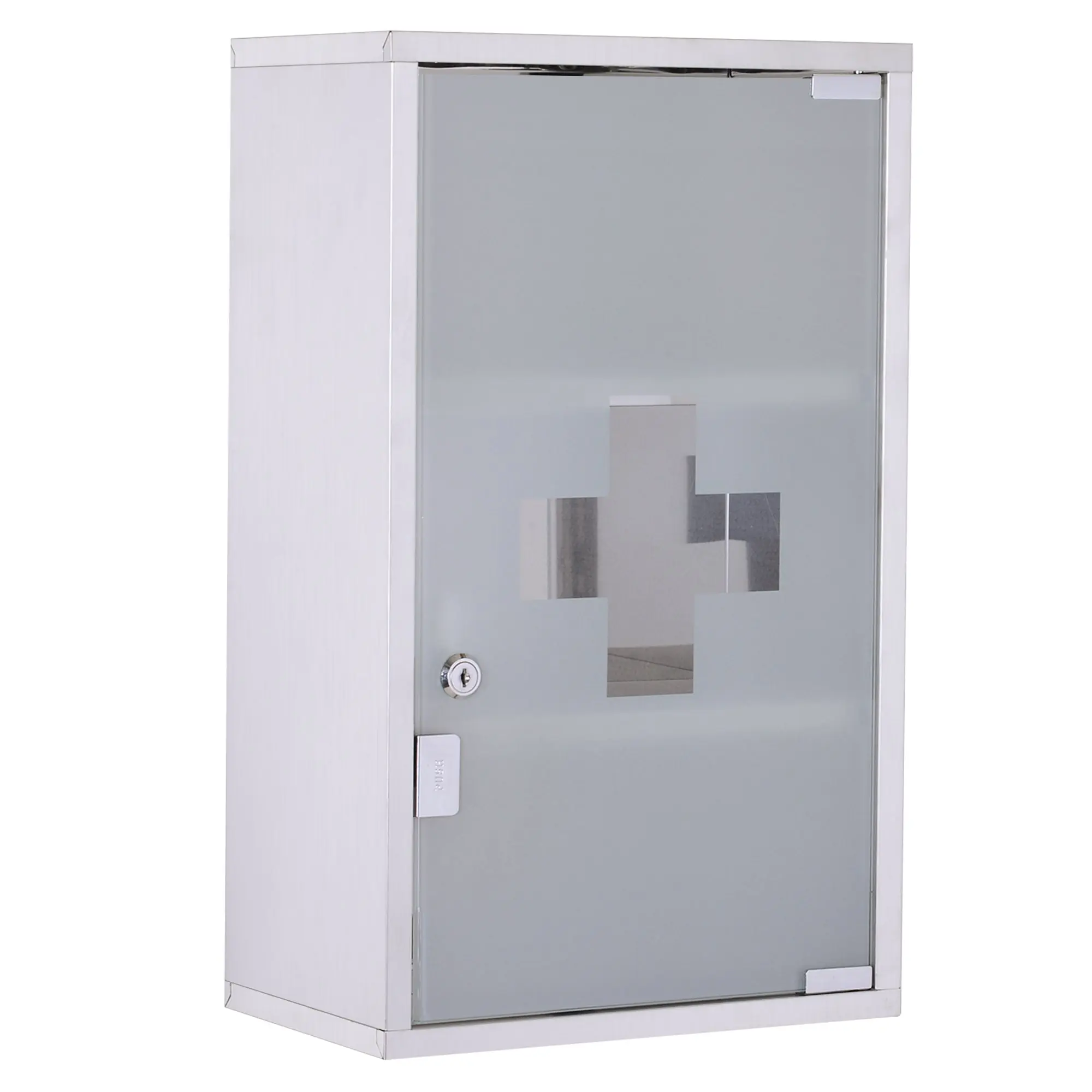 Armoire à pharmacie murale à 3 niveaux en acier inoxydable avec porte verrouillable en verre avec 2 clés étagères de rangement argent