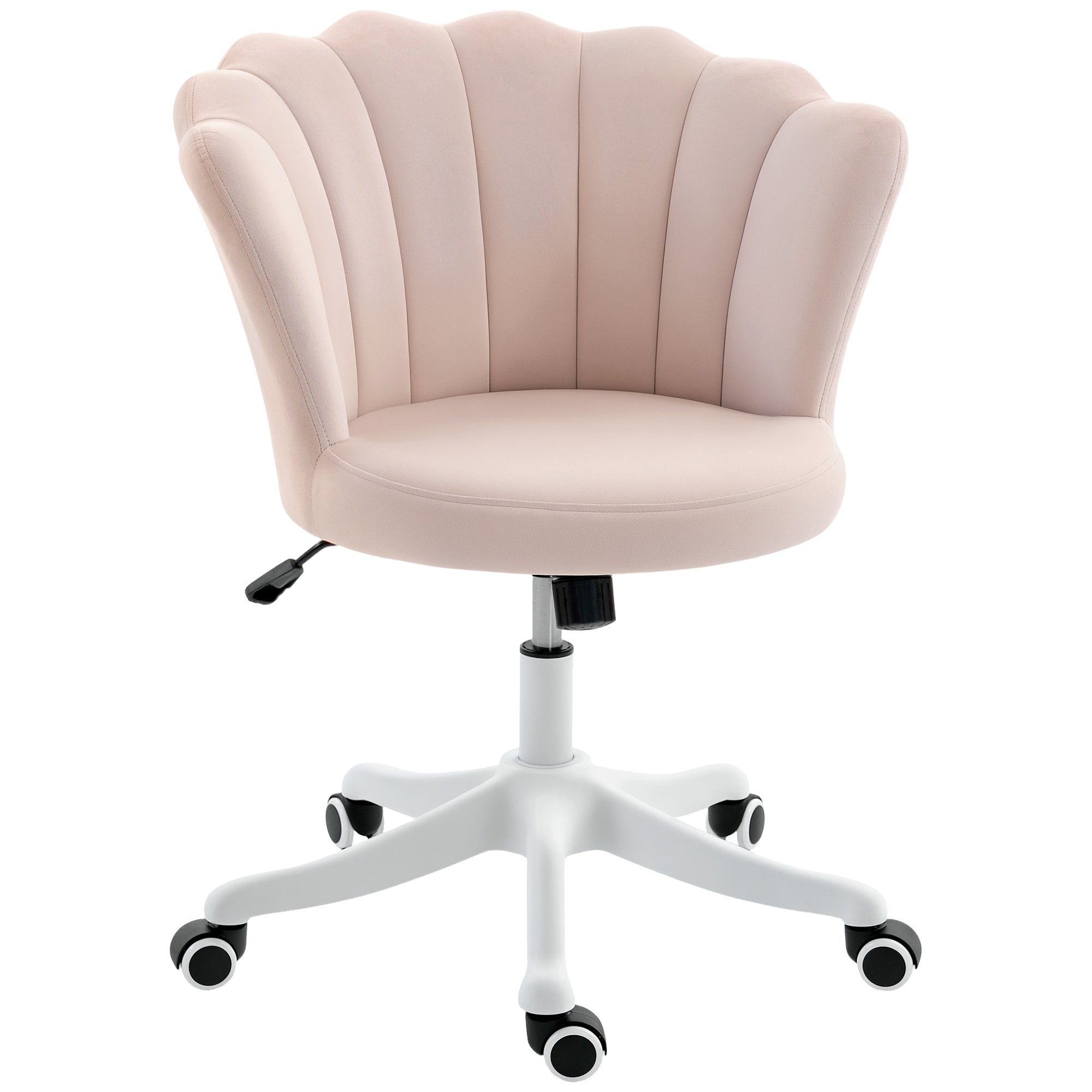 Chaise bureau en velours, chaise coiffeuse avec dossier en pétale, hauteur réglable, fonction bascule, assise rembourrée et pivotante, fauteuil coquillage pour bureau, salon, chambre, rose