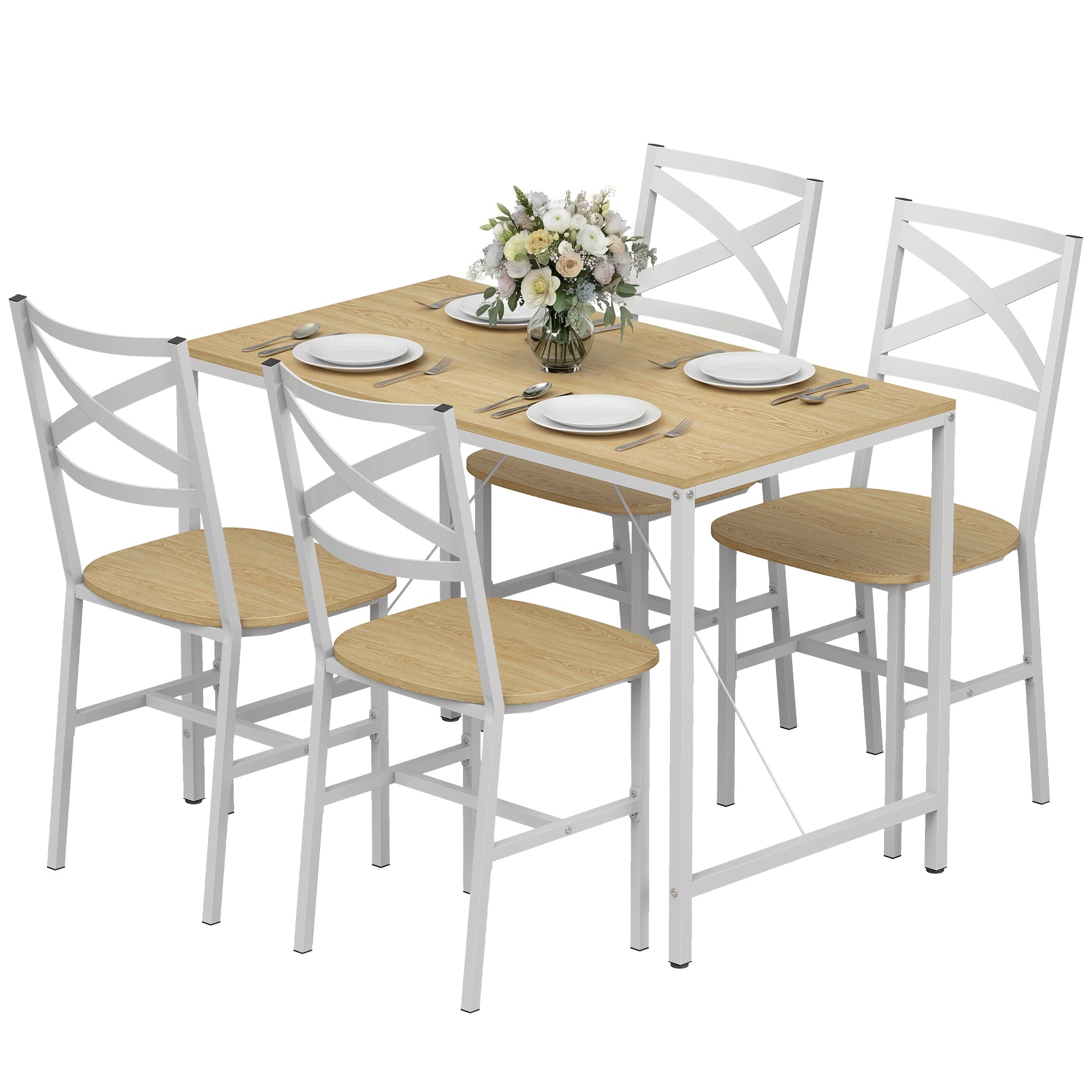 Ensemble Table Salle à Manger avec 4 Chaises, Table de Cuisine avec Chaises pour 4 Personnes, Plateau 108x60cm, Style Nordique, Cadre en Acier, pour Salon, Petit Espace, Bois Naturel et Blanc
