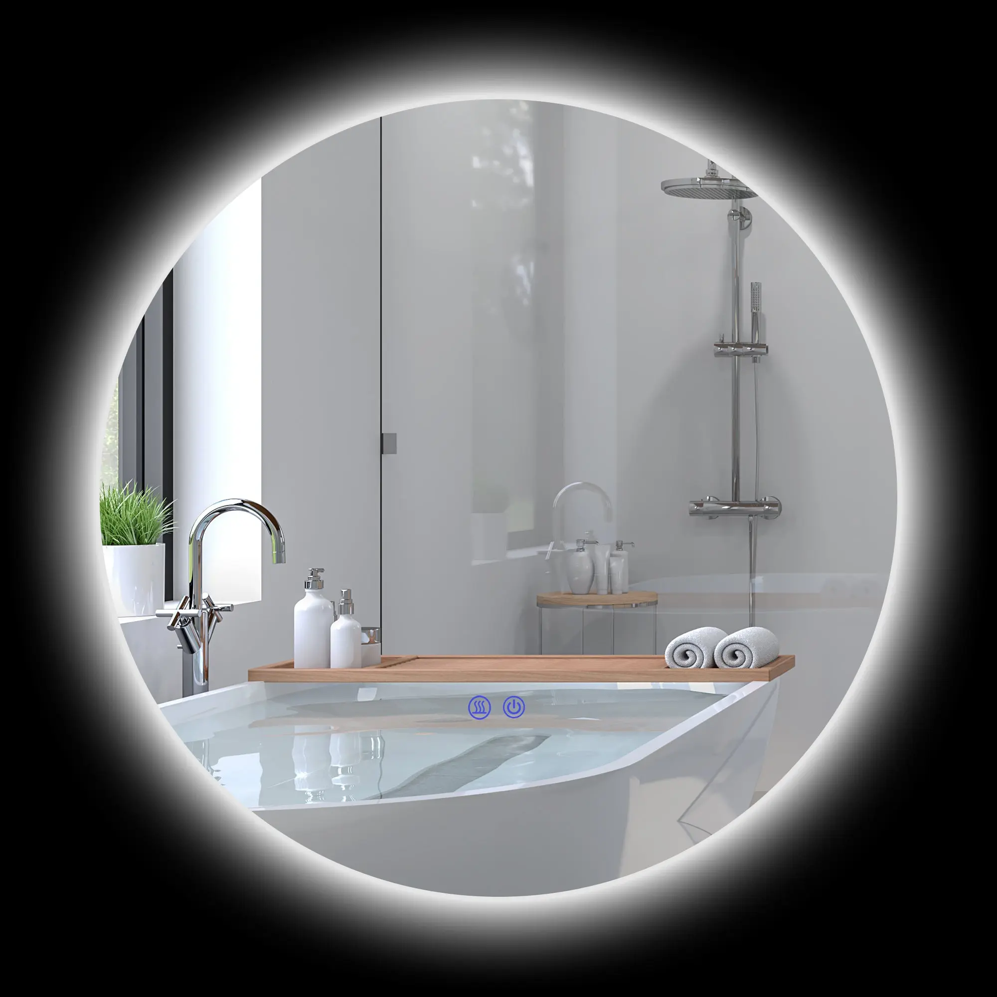 Miroir rond lumineux LED miroir mural de salle de bain 60 cm avec éclairage interrupteur tactile système antibuée luminosité réglable 29 W blanc et argent