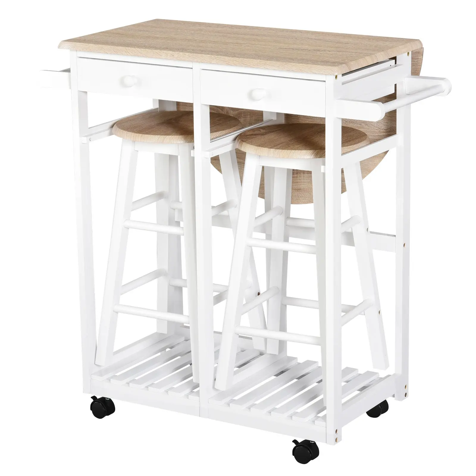 Ensemble Table de Bar Pliable sur roulettes avec étagère et 2 tiroirs + 2 tabourets Bois pin MDF Blanc chêne Clair