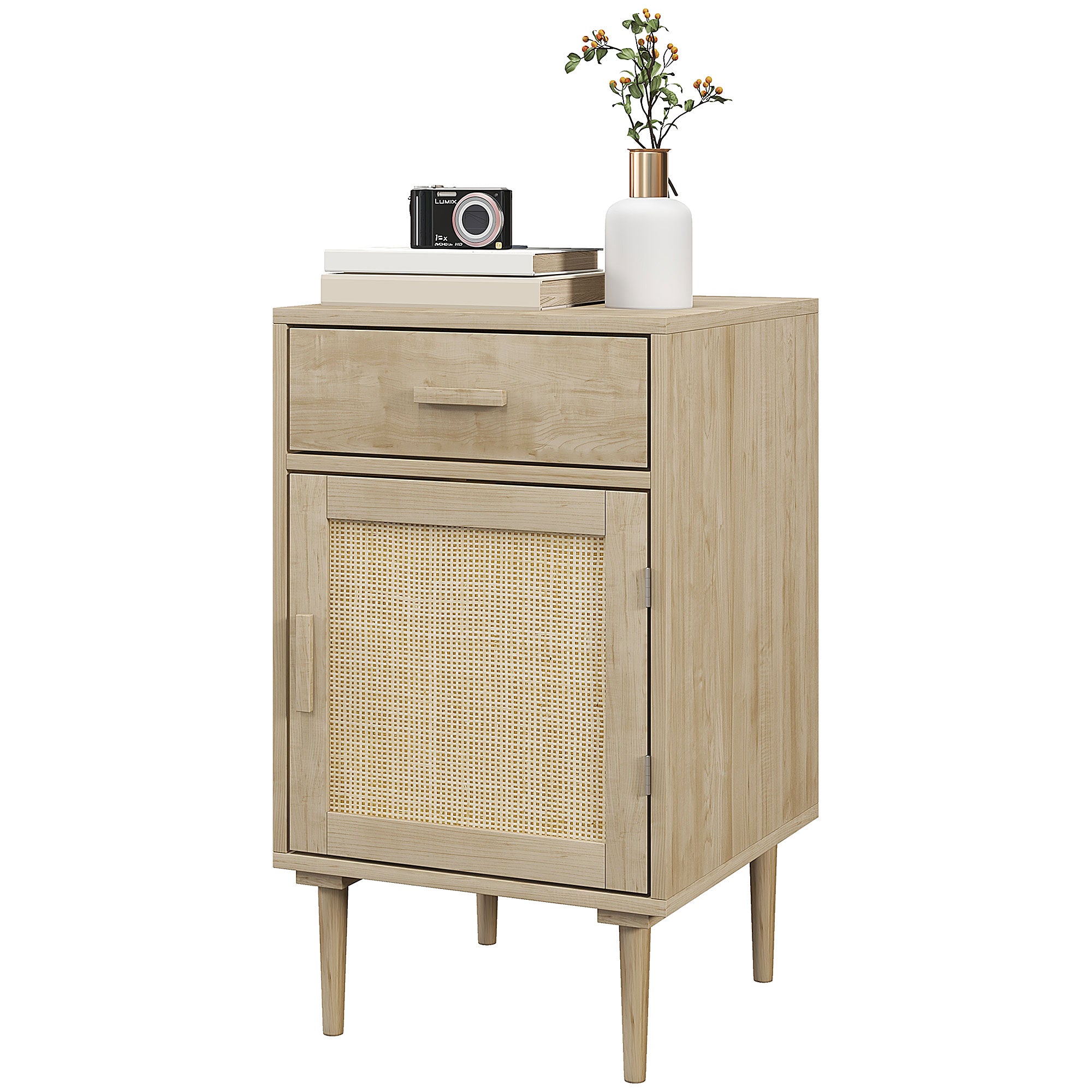 Table de chevet table d'appoint avec placard et étagère porte rotin tissé + 1 tiroir design bohème - 40 x 40 x 68,5 cm naturel