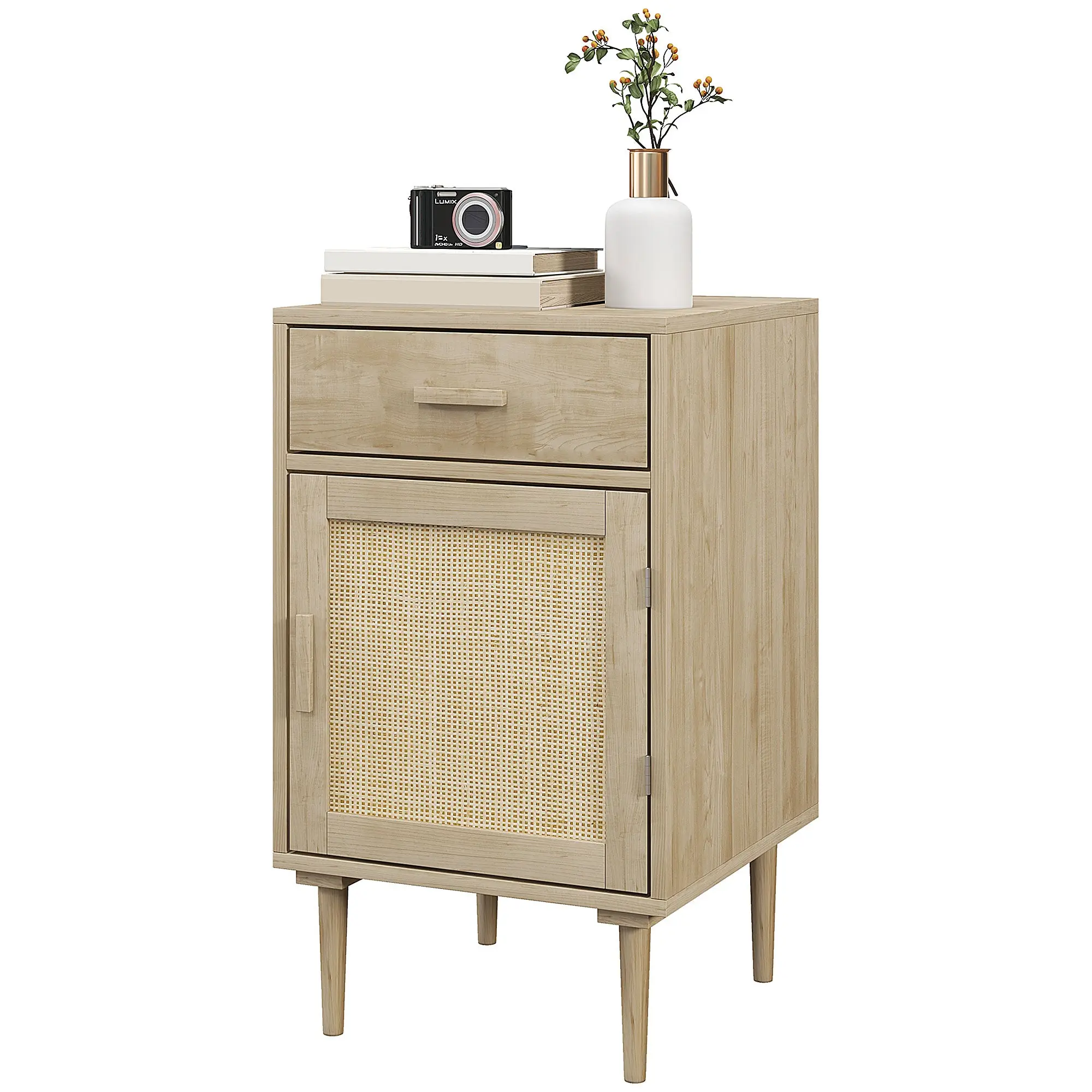 Table de chevet table d'appoint avec placard et étagère porte rotin tissé + 1 tiroir design bohème - 40 x 40 x 68,5 cm naturel