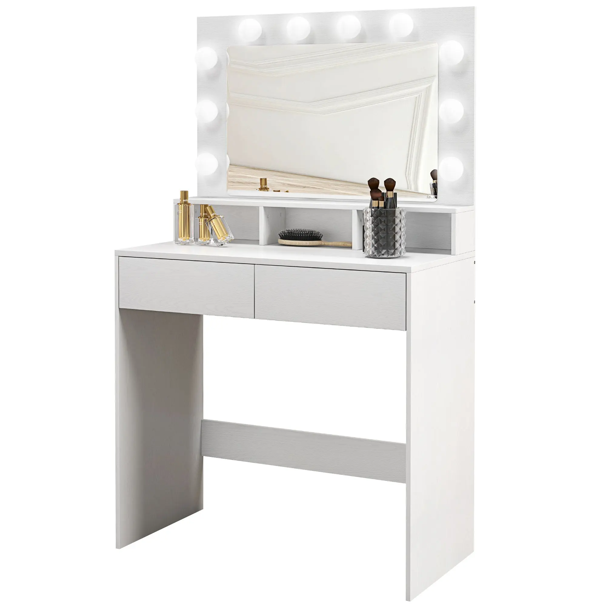 Coiffeuse avec miroir Hollywood, table de maquillage avec tiroirs, 3 modes d'éclairage, 10 ampoules, coiffeuse moderne pour chambre à coucher, salon, 80 x 40 x 135 cm, blanc