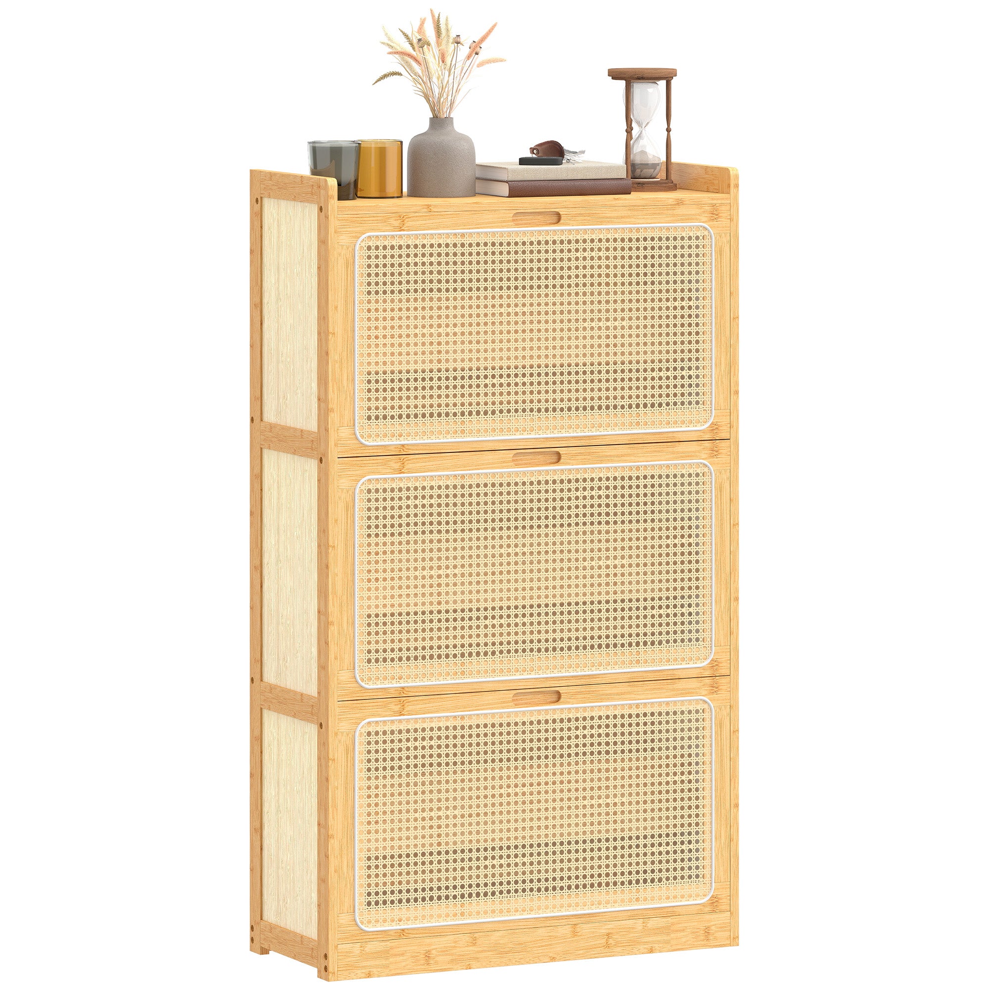 Meuble à chaussures 21 paires en bambou, armoire à chaussures étroite avec 3 tiroirs rabattables et étagères réglables, style bohème, pour couloir, entrée, 69 x 29 x 119,8 cm, bois naturel