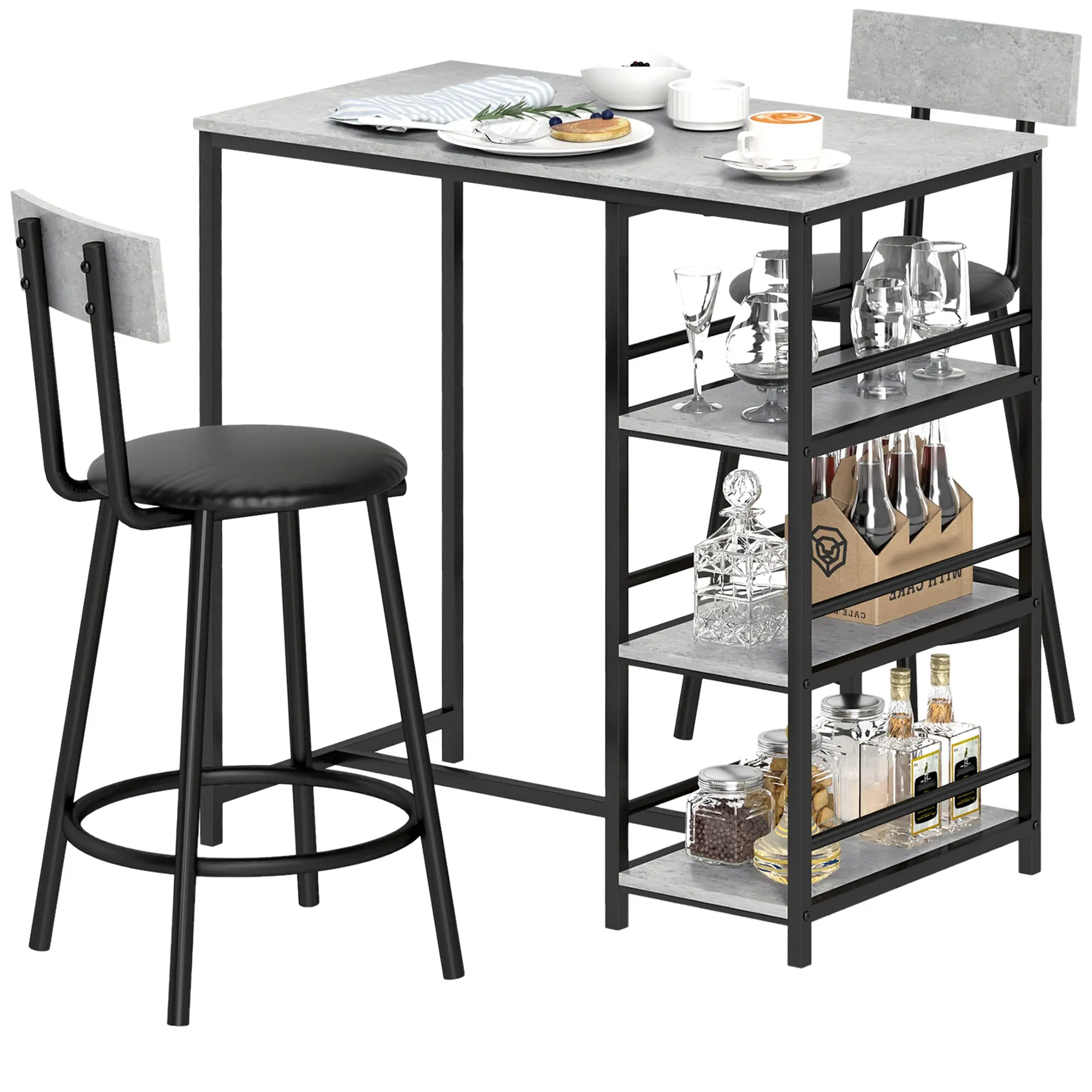 Ensemble table de bar avec tabourets, table à manger debout avec 2 chaises de bar, table haute cuisine avec étagères, table haute bar et 2 tabourets pour salle à manger, cuisine, gris et noir