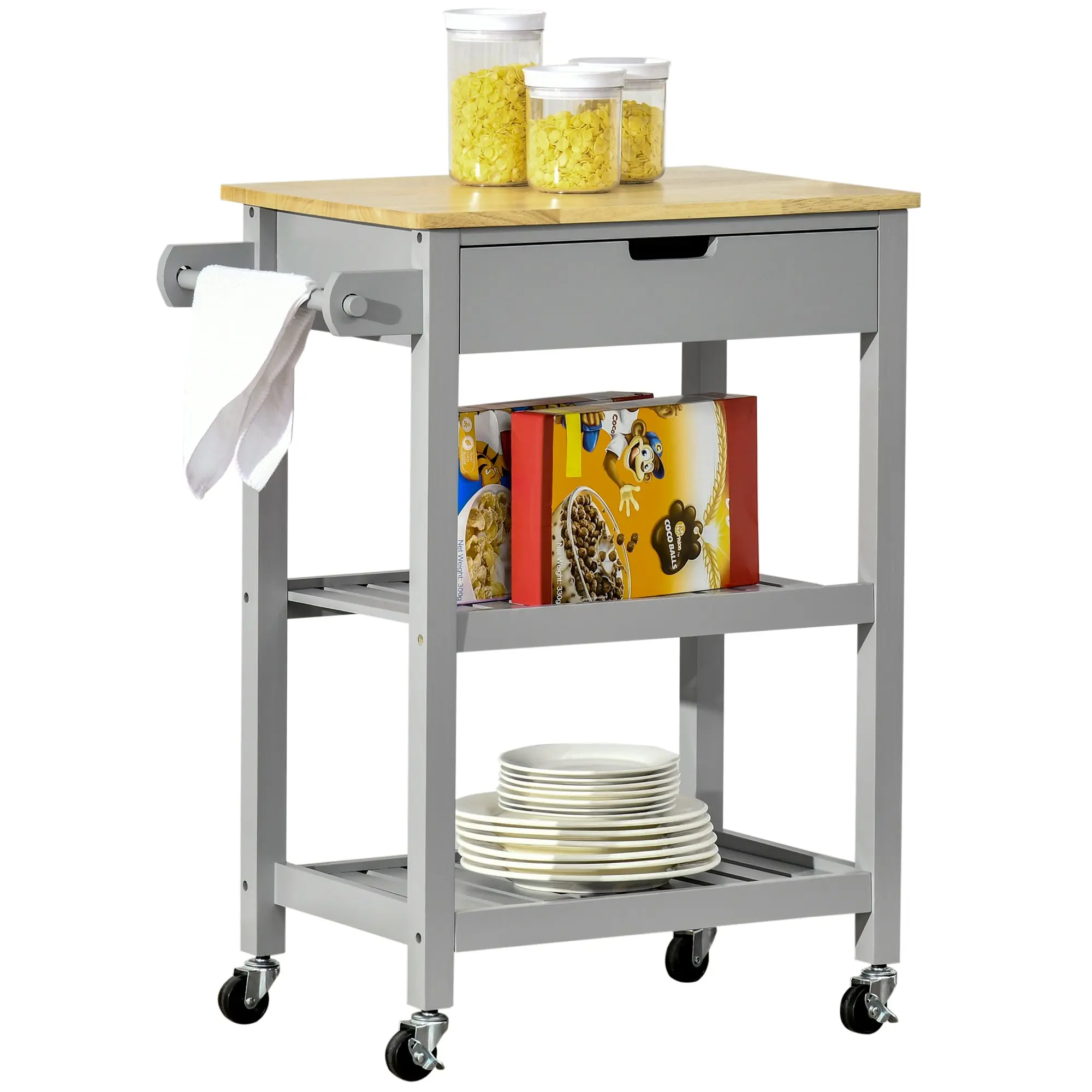 Desserte de service chariot de cuisine à roulettes avec plan de travail en bois hévéa - 2 étagères, 1 tiroir et 1 porte-torchon