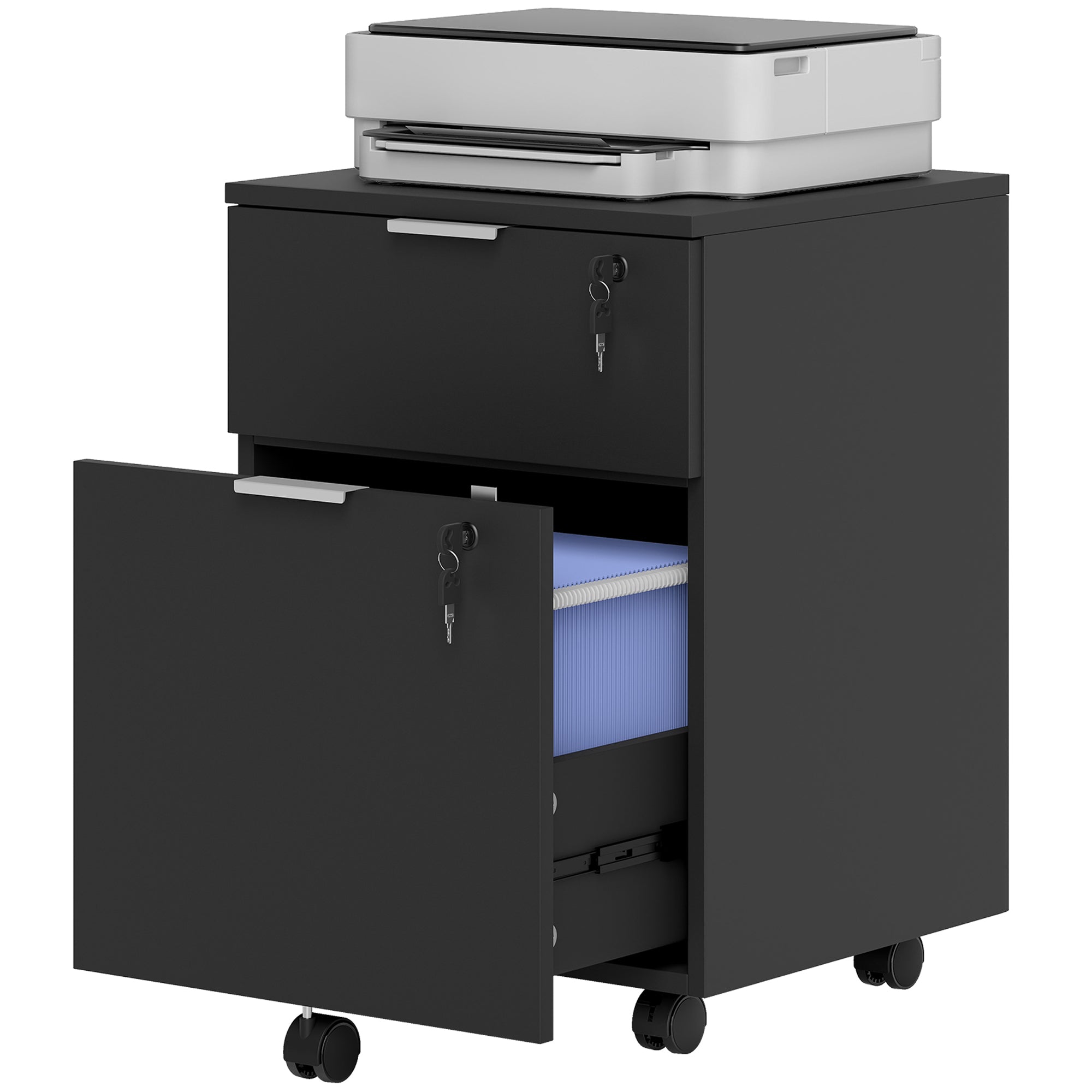 Caisson de bureau, meuble de rangement 2 tiroirs 2 barres de suspension dossier suspendu, verrouillable 2 clés, 4 roulettes 42x40x60 cm noir