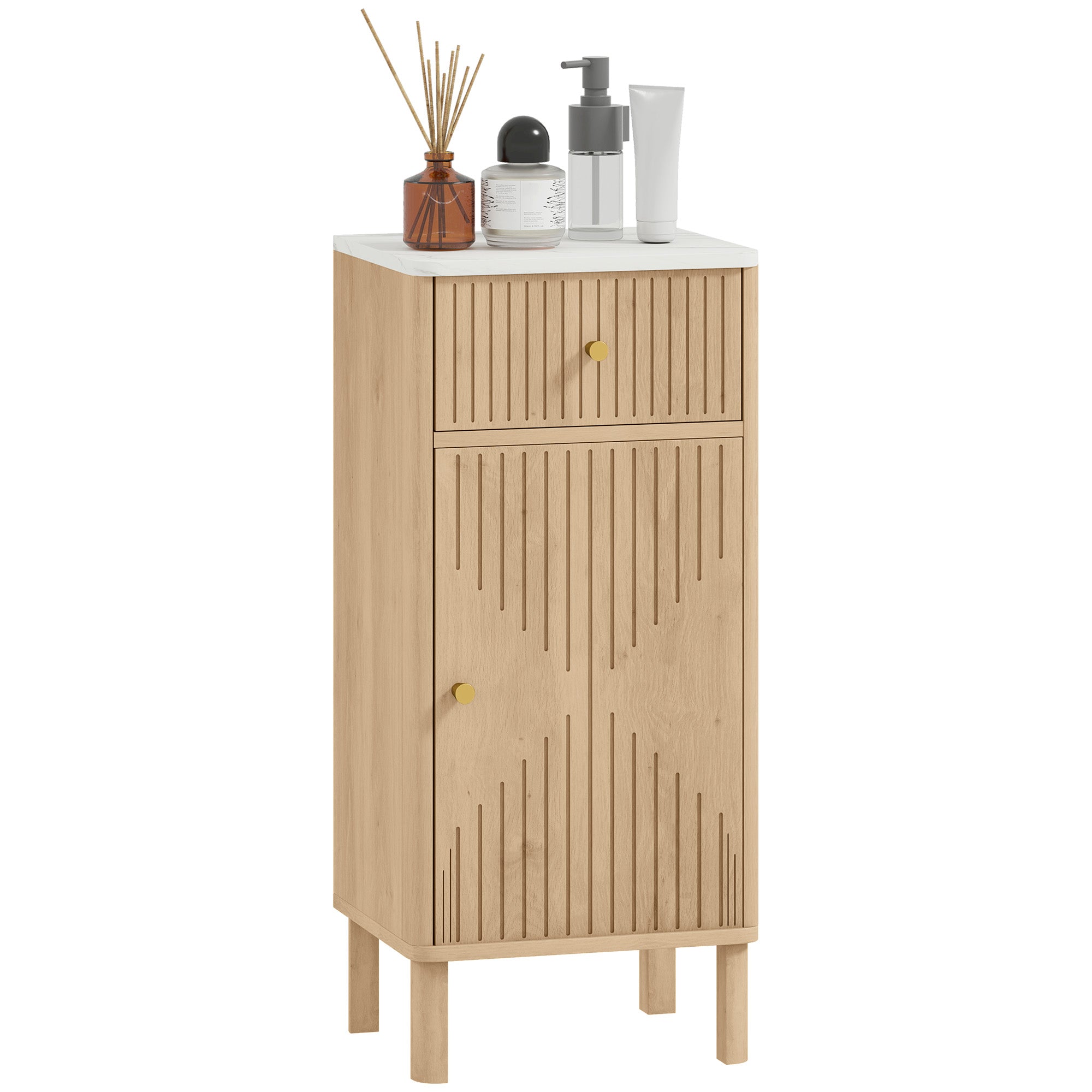 Meuble de salle de bain, meuble de rangement avec plateau effet marbre et porte rainurée, tiroir et étagère réglable, armoire salle de bain, salon, chambre, 36 x 30 x 80 cm, chêne