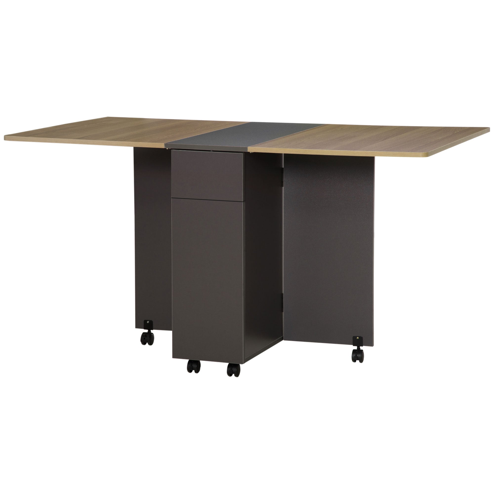 Table de salle à manger pliante sur roulettes avec rangement 2 tiroirs et 1 placard 76 x 140 x 74 cm gris et bois naturel