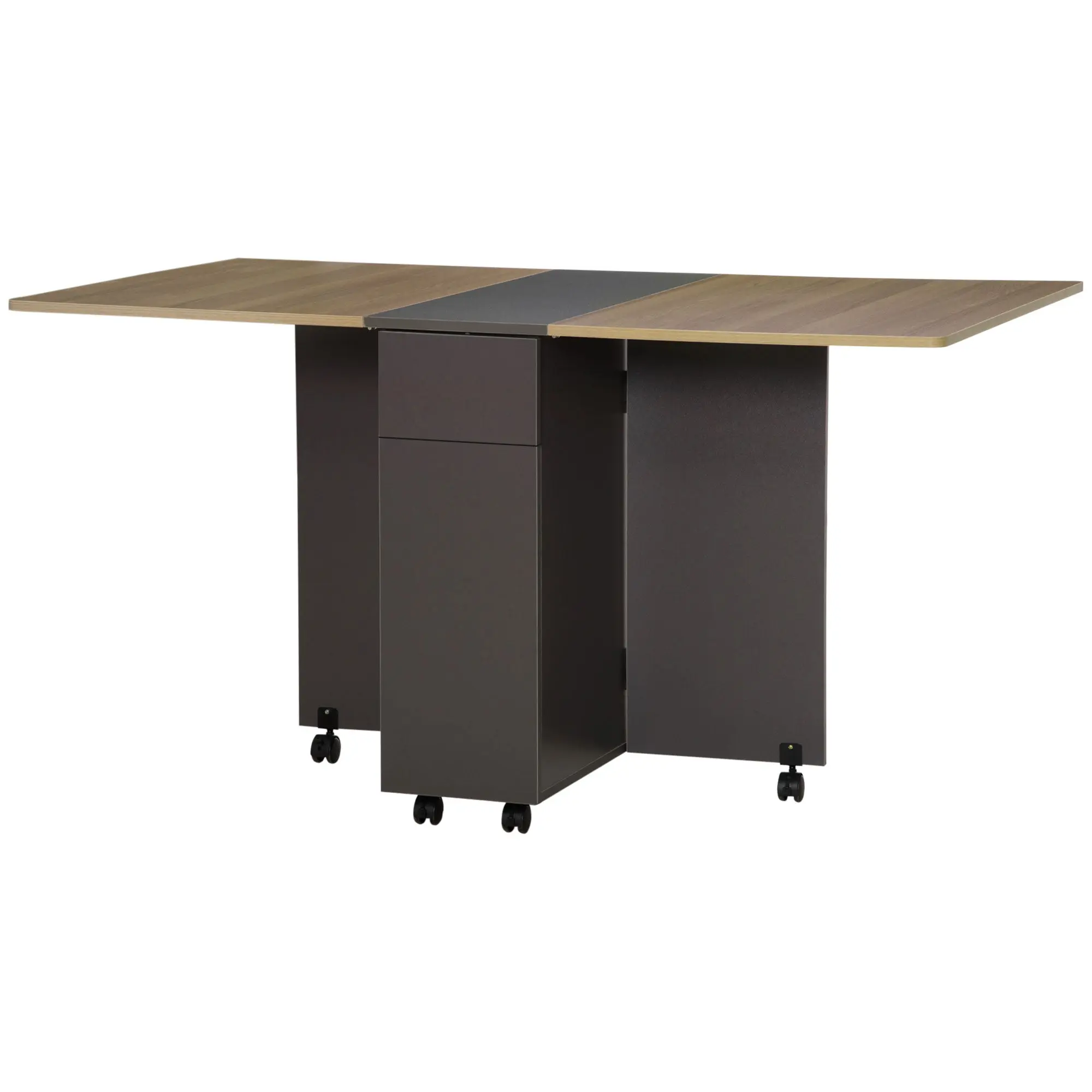 Table de salle à manger pliante sur roulettes avec rangement 2 tiroirs et 1 placard 76 x 140 x 74 cm gris et bois naturel