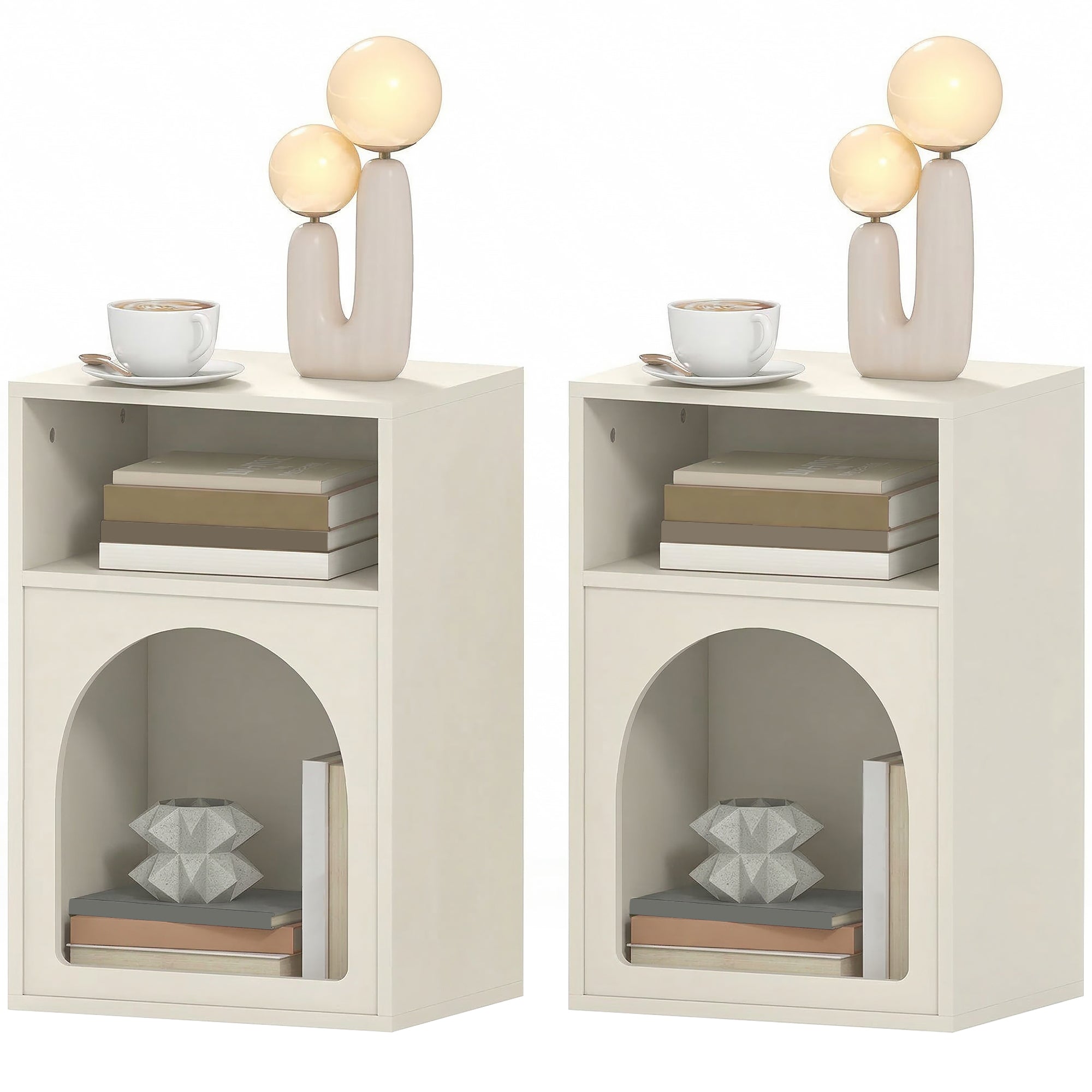 Lot de 2 tables de chevet, table de nuit avec compartiments ouverts, design arqué, chevet de lit pour chambre à coucher, salon, 40 x 30 x 60 cm, crème