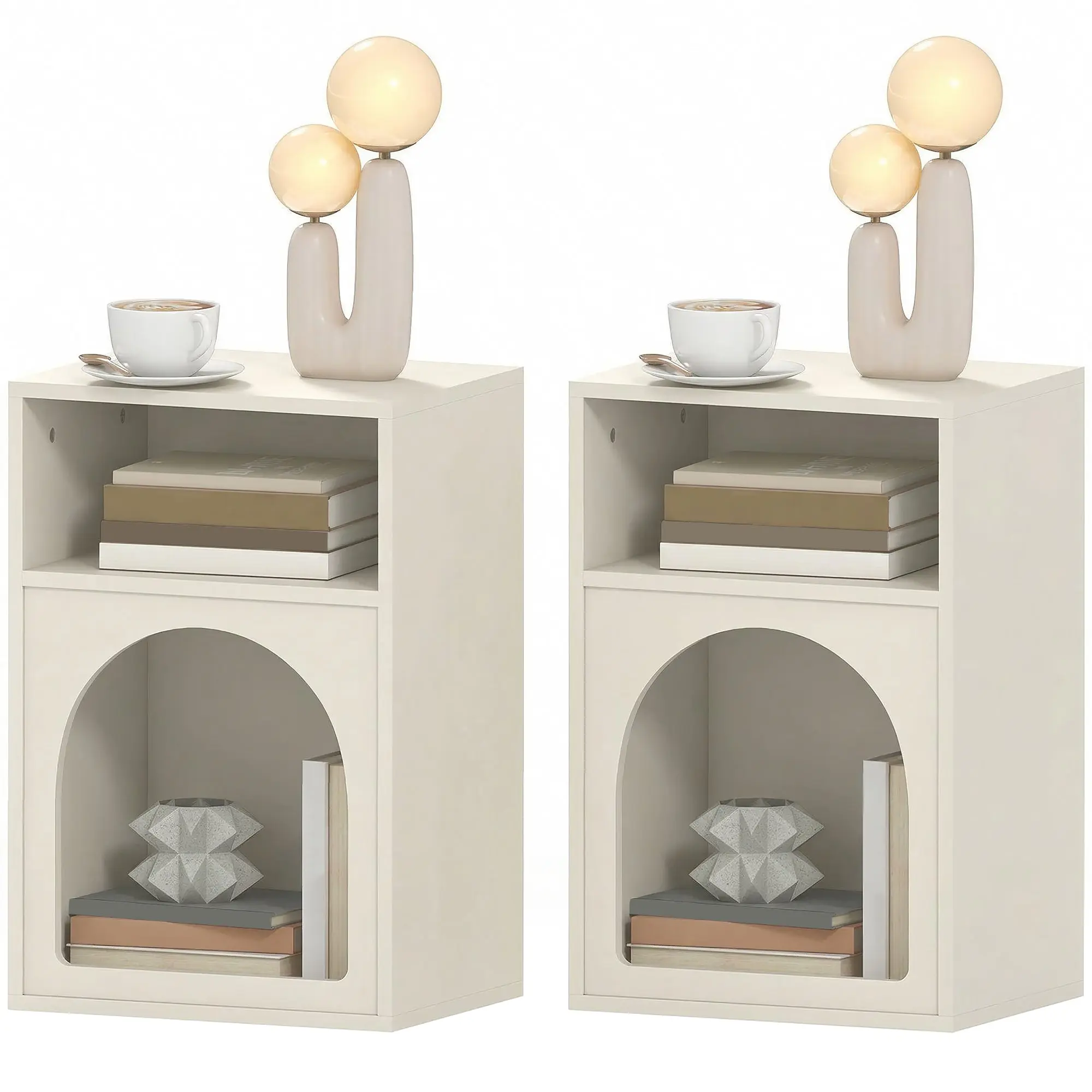 Lot de 2 tables de chevet, table de nuit avec compartiments ouverts, design arqué, chevet de lit pour chambre à coucher, salon, 40 x 30 x 60 cm, crème