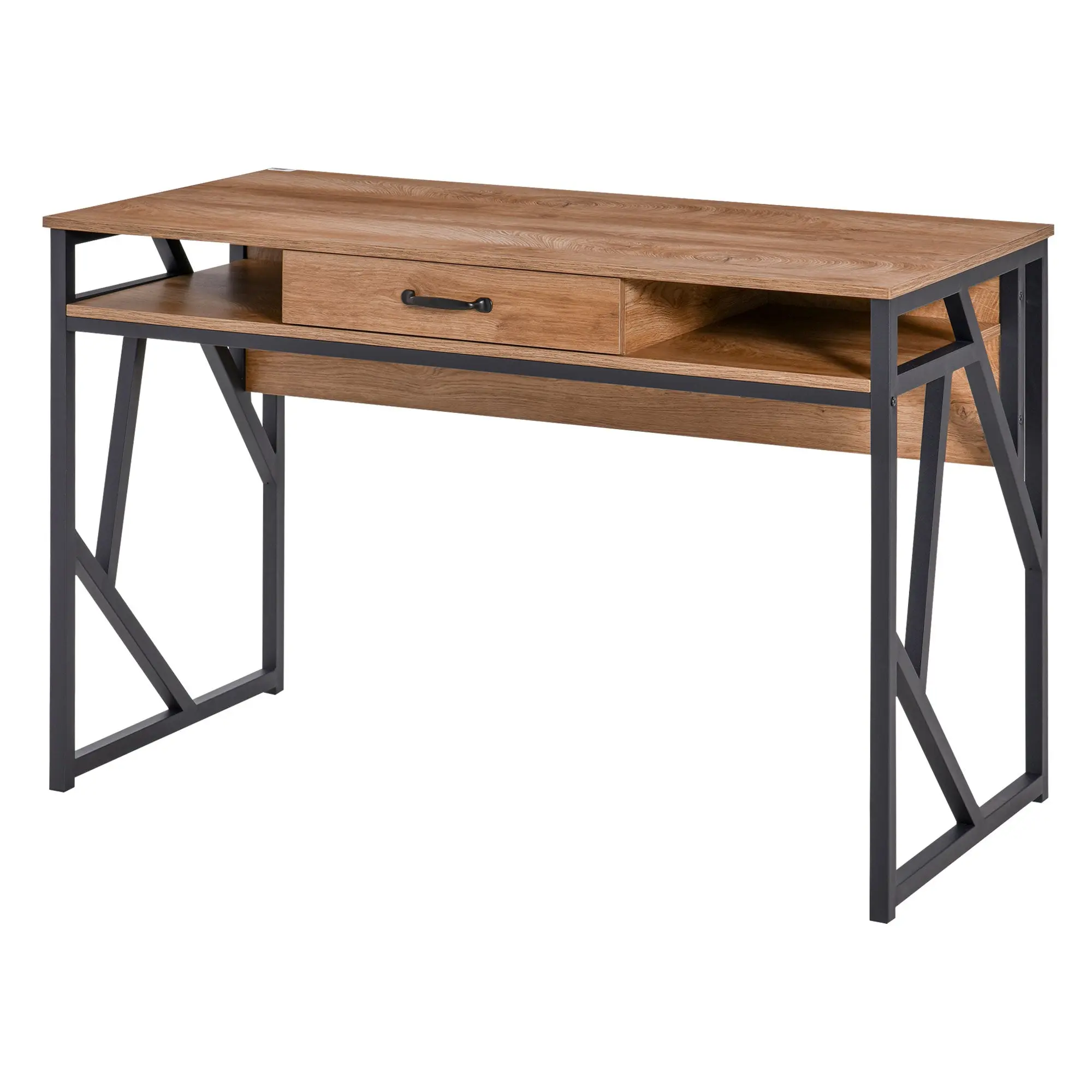 Bureau Style Industriel dim. 120L x 60l x 76H cm tiroir + 2 niches piètement métal Noir Plateau Aspect Bois Noyer
