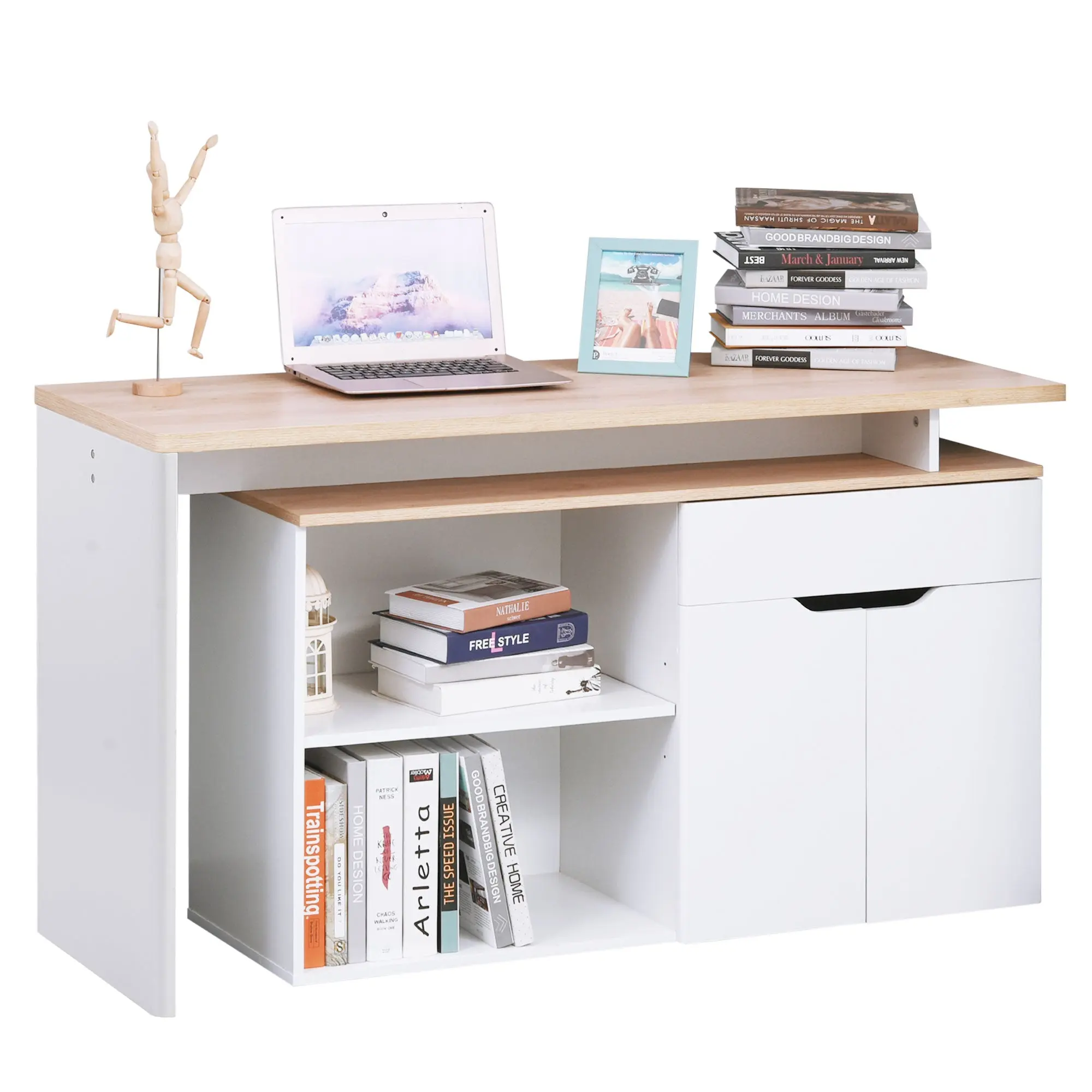 Bureau d'angle Bureau Informatique multimédia modulable Multi-rangements Double Niche + tiroir et Placard en Bois Clair Blanc