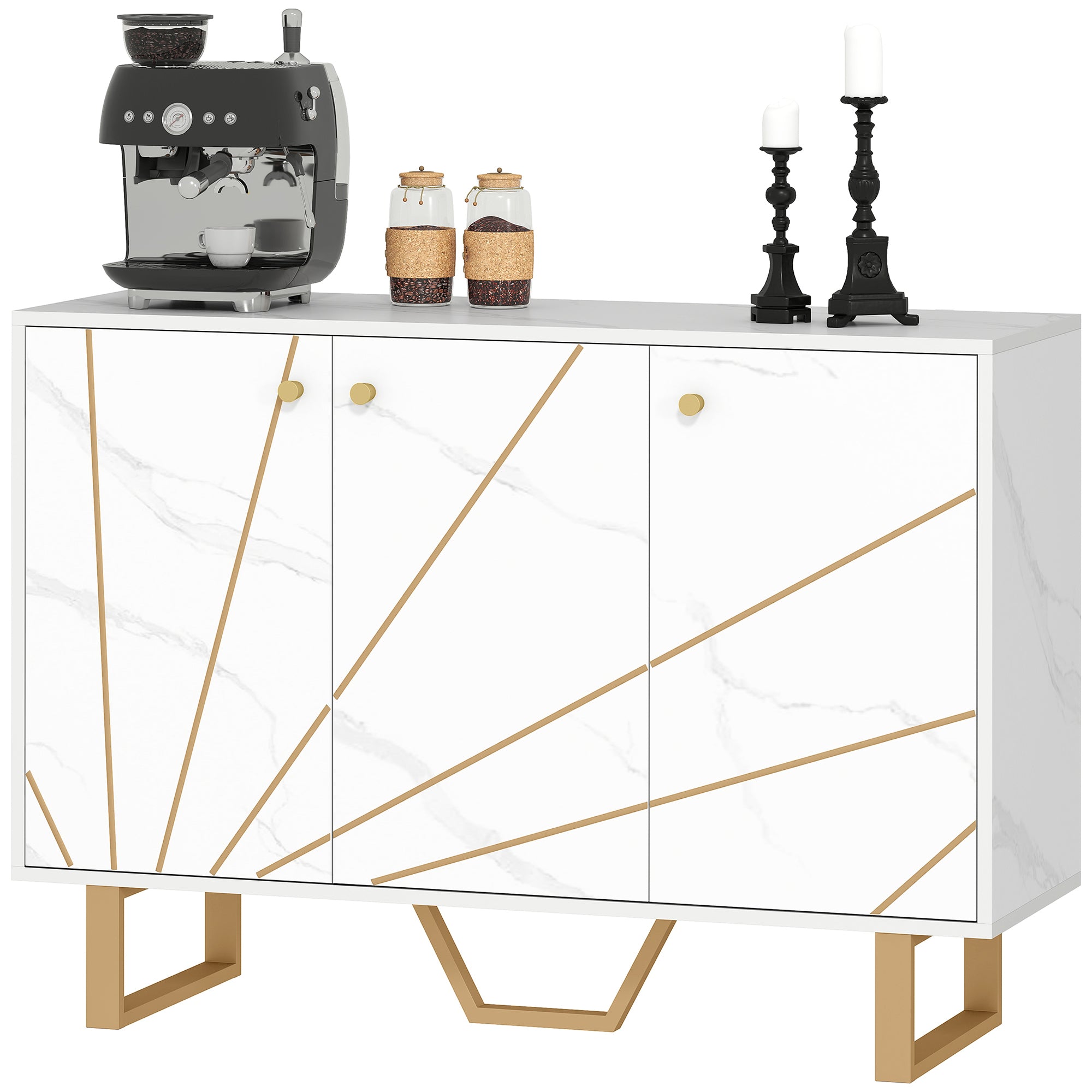 Meuble de rangement buffet salon avec 2 placards 3 portes et étagère réglable, pieds en métal - dim. 107L x 35l x 75H cm, aspect marbre blanc