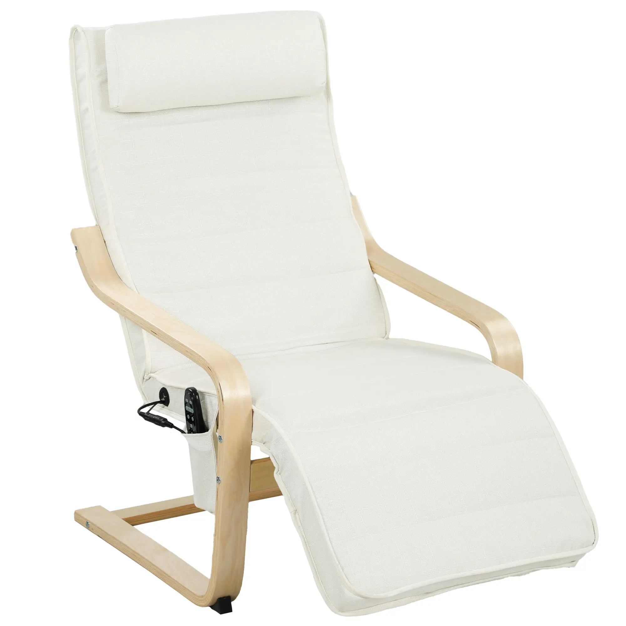 Fauteuil de salon, fauteuil relax massant et chauffant avec dossier haut, appui-tête, repose-pieds réglable, télécommande et poche latérale, tissu aspect lin, pour chambre salon, crème