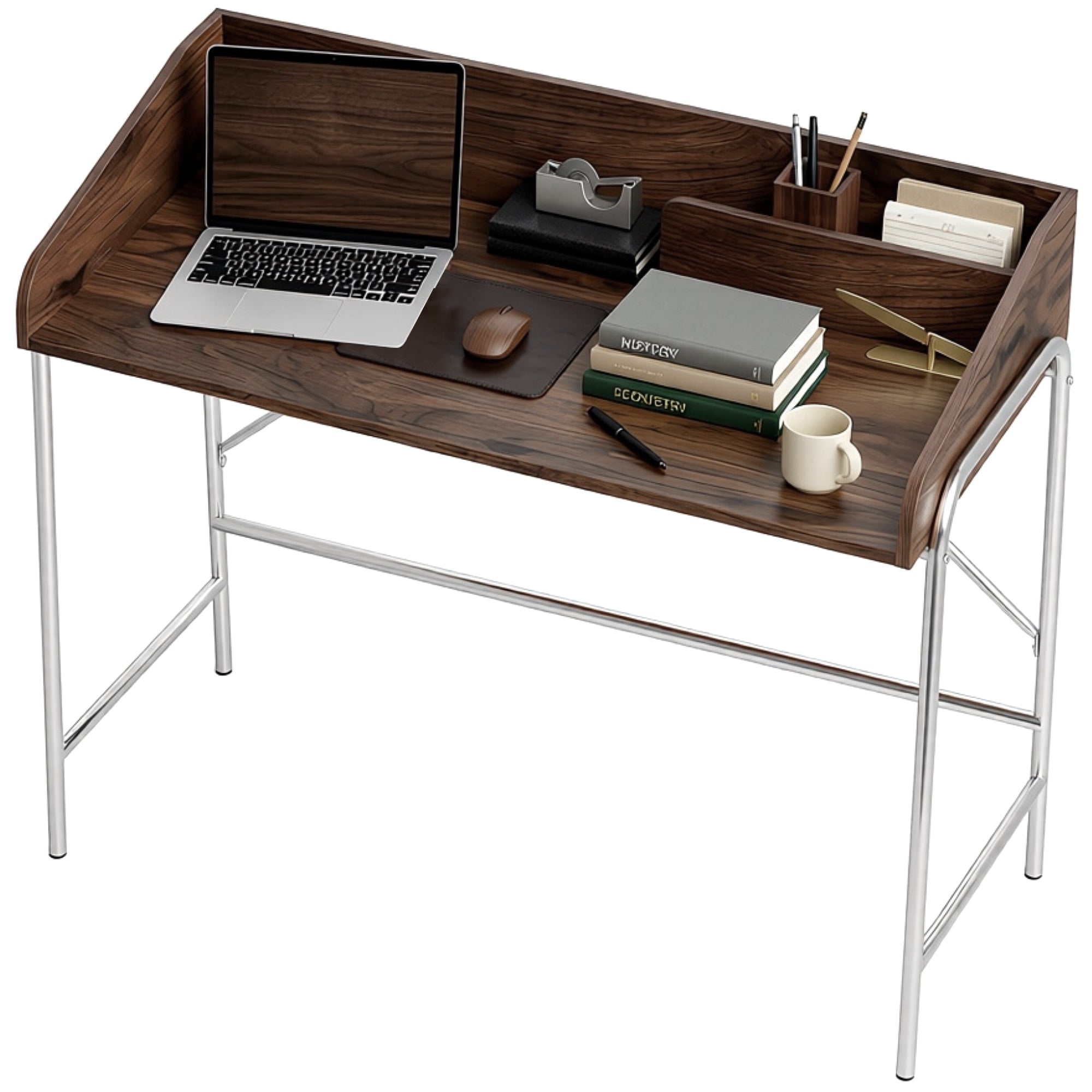 Bureau, bureau d'ordinateur 109 cm avec rebord de sécurité et structure en métal, facile à monter, table d'ordinateur moderne pour petit espace, travail à domicile ou étude, noyer