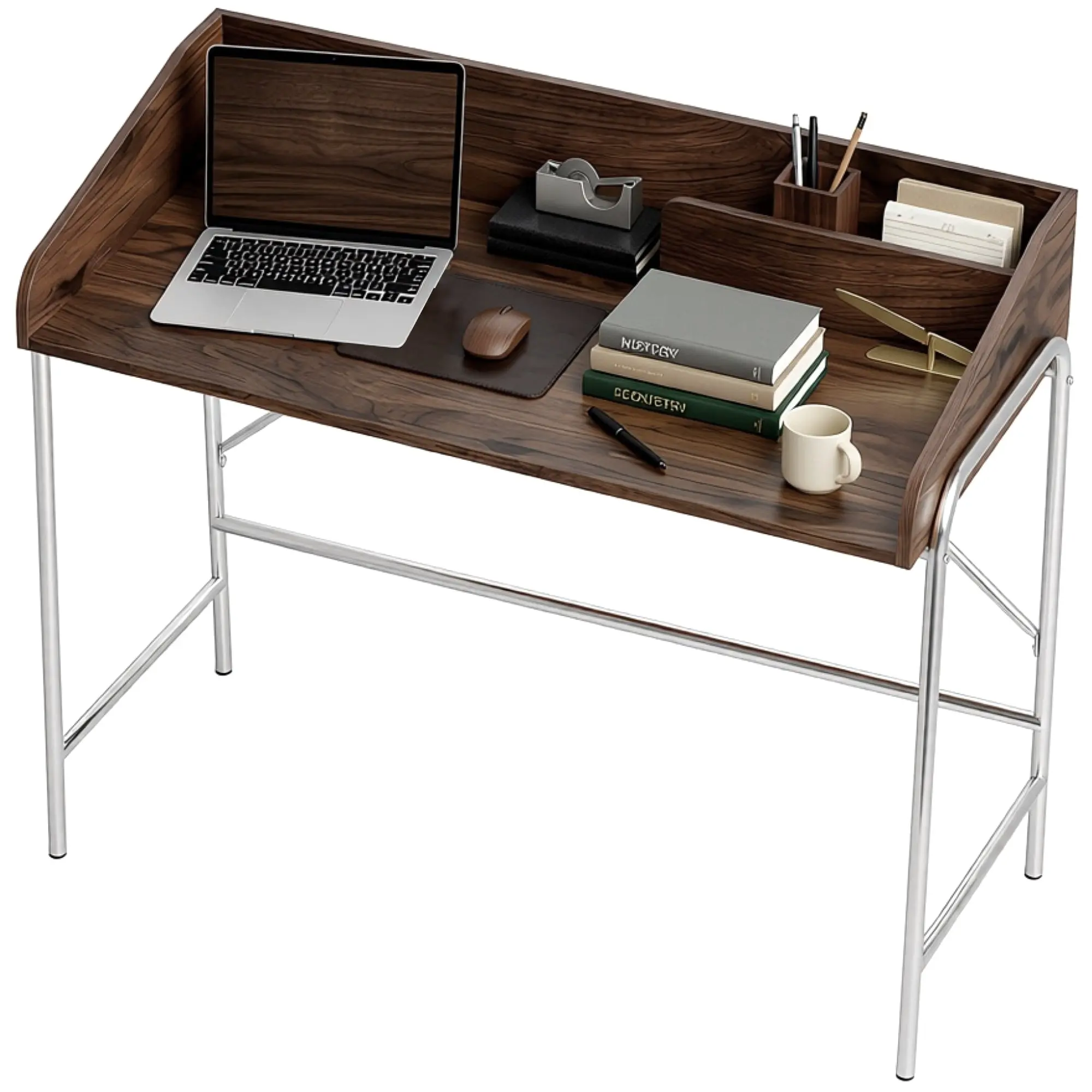 Bureau, bureau d'ordinateur 109 cm avec rebord de sécurité et structure en métal, facile à monter, table d'ordinateur moderne pour petit espace, travail à domicile ou étude, noyer